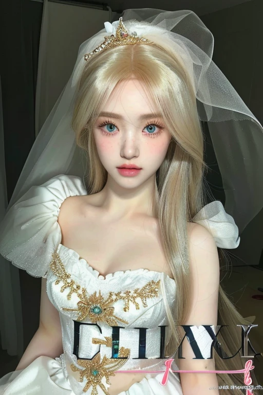 a close up of a doll with a veil on her head and green blue eyes, ball jointed doll, skydoll noa, anime barbie doll, anime barbie in white, artdoll, cute pocelain doll, portrait of barbie doll, barbie doll, very beautiful cute catgirl, pale porcelain white skin, ethereal!!! ultra realistic, long blonde hair and large eyesskydoll noa, artdoll, pale milky white porcelain skin, dollfie dream, anime barbie doll, detailed body and eyes, ball jointed doll, 🤤 girl portrait, hyper realistic aesthetic, small freckles, hyper realistic ager, barbie doll, freckles!!!, detailed face, realistic, Físico : el abdomen más pequeño jamás visto, jisoo from blackpink, popular south korean makeup, quality detailed ,(beautiful makeup :1.2), Wide hips, big, big ass, (best quality, 8K, masterpiece: 1.3), Clear focus: 1.2, Perfect body beauty: 1.4, strong abs, Very detailed face and skin texture. , detailed eyes, double eyelids, (long hair), having very marked curves, with greater volume in ((breasts)), which makes the waist look much smaller ((wasp waist))