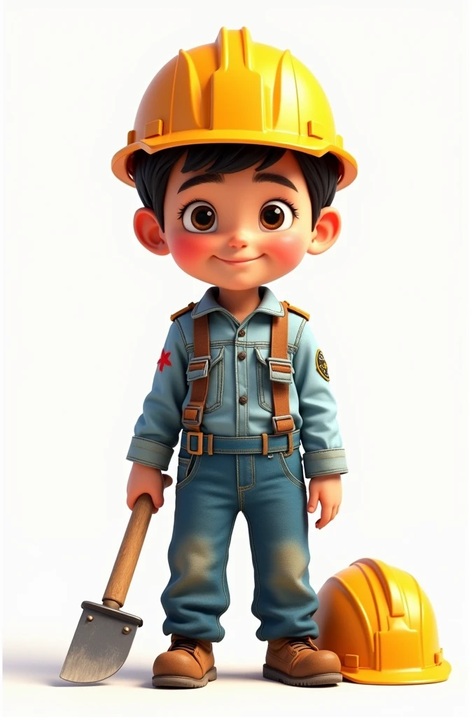 Disney Pixar boy, with light blue construction uniform, YELLOW HELMET, black hair, with work tool white background 