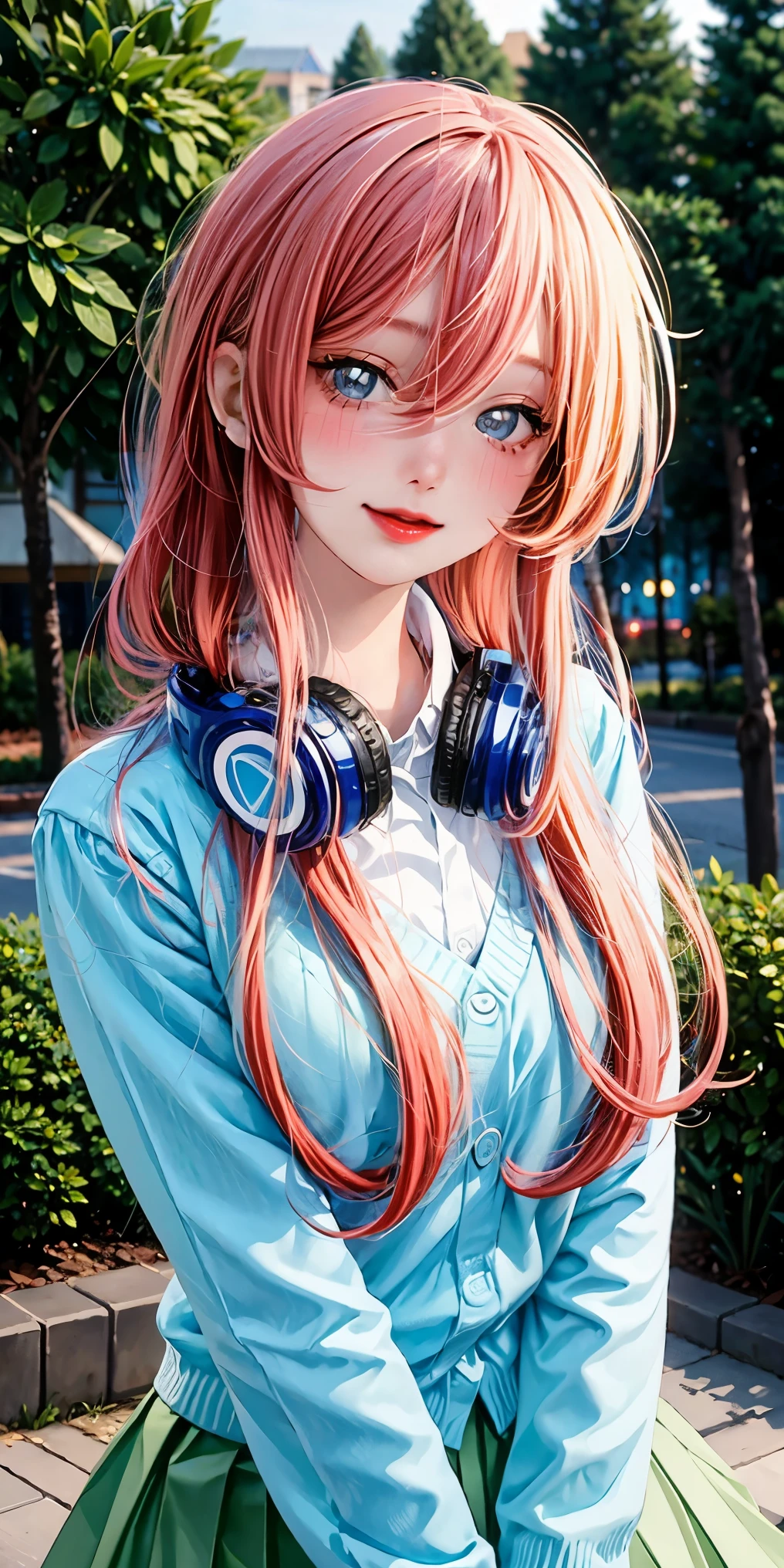 best quality, ultra high res, (photorealistic:1.4), blue eyes, looking at viewer, blush, red lips, full bust shot, eenage girl with pink red hair, one long strand of hair falling across her face, long strand of hair covering her nose, headphones down, hair in her headphones, skinny, asian facial traits, aamiku, Nakano Miku from The Quintessential Quintuplets, real life Miku Nakano, cowboy shot, straight hair, dark blue eyes, sparkling eyes, blue headphones around neck, light blue sweater, collared white shirt, green pleated skirt, school uniform, shy smile, blushing