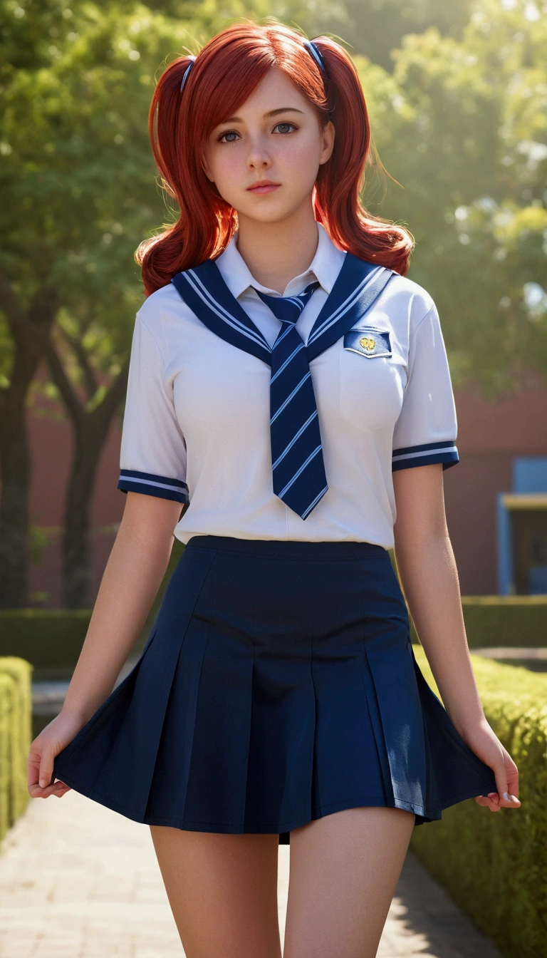 (best quality,4k,highres,masterpiece:1.2),1girl,beautiful detailed eyes,beautiful detailed lips,long eyelashes,high ponytail,black pantyhose,wearing tutu,sailor collar,black serafuku,black miniskirt,long sleeves,see-through shirt,soft lighting,natural surroundings,slight breeze,graceful pose,subtle smile,vivid colors,sharp focus,portraits, orange hair, crystal blue eyes