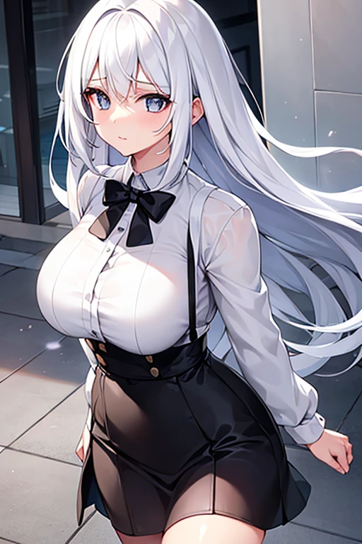 ((high detail)), (Masterpiece: 1.6, Best Quality), (Fine and Beautiful Eyes: 1.2), (Overhead), ((Super High Quality)), Beautiful Face, 1girl, Big Tits, white Long Hair, Wide Hips, (Landscaped), Street, Background, Detail Background, Spooky Grin, Angled Laughter at the Corners of Mouth, see-through shirt, bikini, narrow Shirt, Tie, Office Lady, Mature