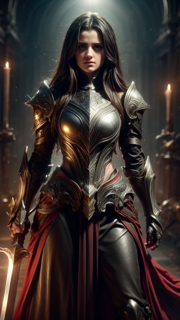 (Laura Marano) with black hair in black armor, holding a great sword, half body view, extremely detailed face, long eyelashes, realistic, photorealistic, photo-realistic:1.37, 8k, highres, masterpiece:1.2, ultra-detailed, fantasy, medieval, dark fantasy, chiaroscuro, moody, cinematic medium long shot, 