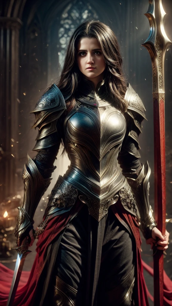 (Laura Marano) with black hair in black armor, holding a great sword, half body view, extremely detailed face, long eyelashes, realistic, photorealistic, photo-realistic:1.37, 8k, highres, masterpiece:1.2, ultra-detailed, fantasy, medieval, dark fantasy, chiaroscuro, moody, cinematic medium long shot, 