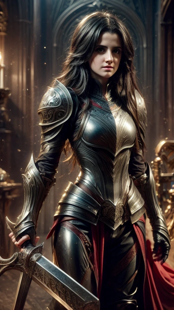 (Laura Marano) with black hair in black armor, holding a great sword, half body view, extremely detailed face, long eyelashes, realistic, photorealistic, photo-realistic:1.37, 8k, highres, masterpiece:1.2, ultra-detailed, fantasy, medieval, dark fantasy, chiaroscuro, moody, cinematic medium long shot, 