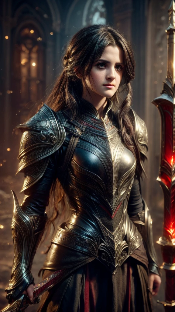 (Laura Marano) with black hair in black armor, holding a great sword, half body view, extremely detailed face, long eyelashes, realistic, photorealistic, photo-realistic:1.37, 8k, highres, masterpiece:1.2, ultra-detailed, fantasy, medieval, dark fantasy, chiaroscuro, moody, cinematic medium long shot, 