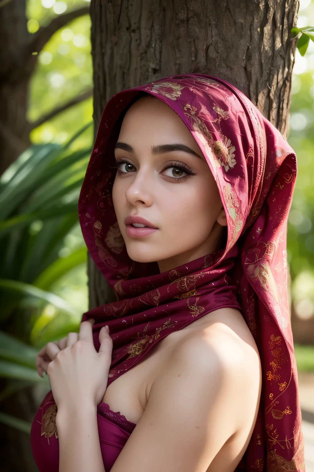 long hijab, cultured embroidery, hijabi, fantasy, arabic teen, cute cosplay, ribbons, flowers, strapless, push up bra (perky breasts) (overly big breasts) revealing, lingerie, opened dress, see through gown, narrow waist, , close up, she outside, daylight,  tight fitted, mini dress, curvy perfect body, leg stockings, thin figure,  lingerie accessories, (portrait) (bottom view),  Masterpiece, High Resolution,  (close up on body) smiling,  thin teen, bright background, dynamic forward pose, arched back, (round butt) thong (close up on face)