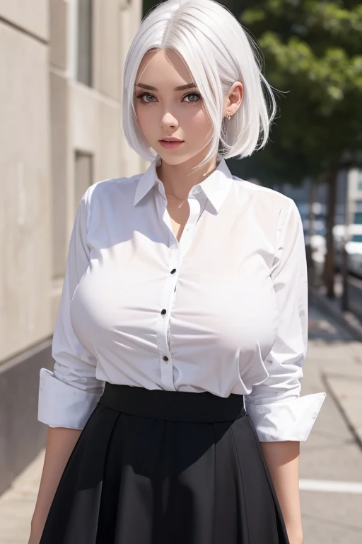 high resolution、high quality、Beautiful woman with her breasts visible through her shirt、Big 、Beautiful woman holding a strap on a train、Bobcut、Very embarrassed、Beige silver hair、Sweaty、adult、indoor、Student Uniform、high school girl、Thighs、Very short skirt、White Shirt、A shirt that looks like it's about to burst with 、pants、Waistline