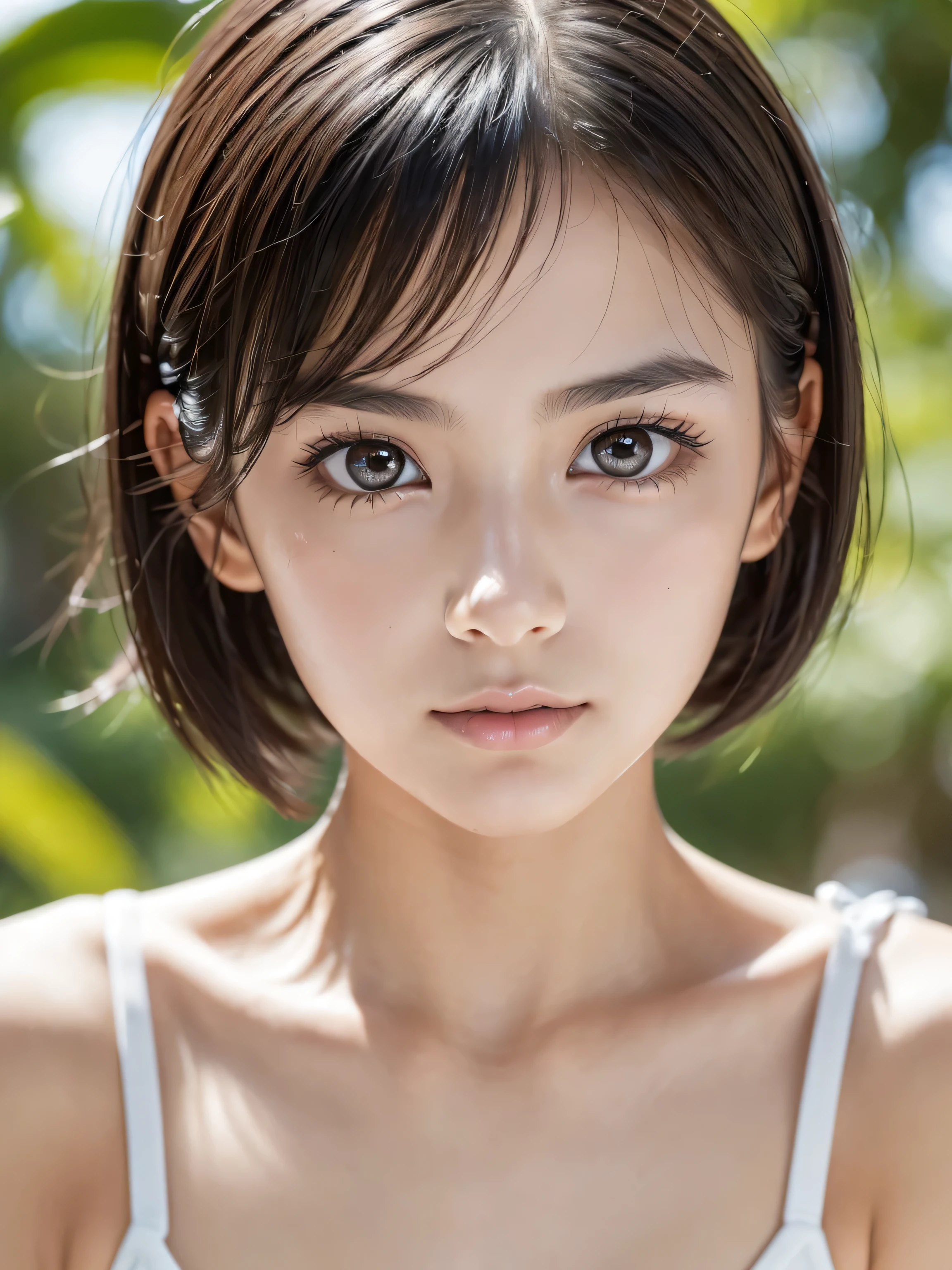 Unclear、petite person、(Long white silk camisole、white  panties)、Outside the field、(Slimed、small tit、flat boobs、small tit)、Photorealsitic、detaileds, Skin Texture, ultra-detailliert、Delicate and sexy collarbone、Super Detailed Face、Detailed lips、A detailed eye、二重まぶた、14 years old girl、Sexual facial expressions、Wet body、Squatting and peeing、Straight Bob Hair、From  above