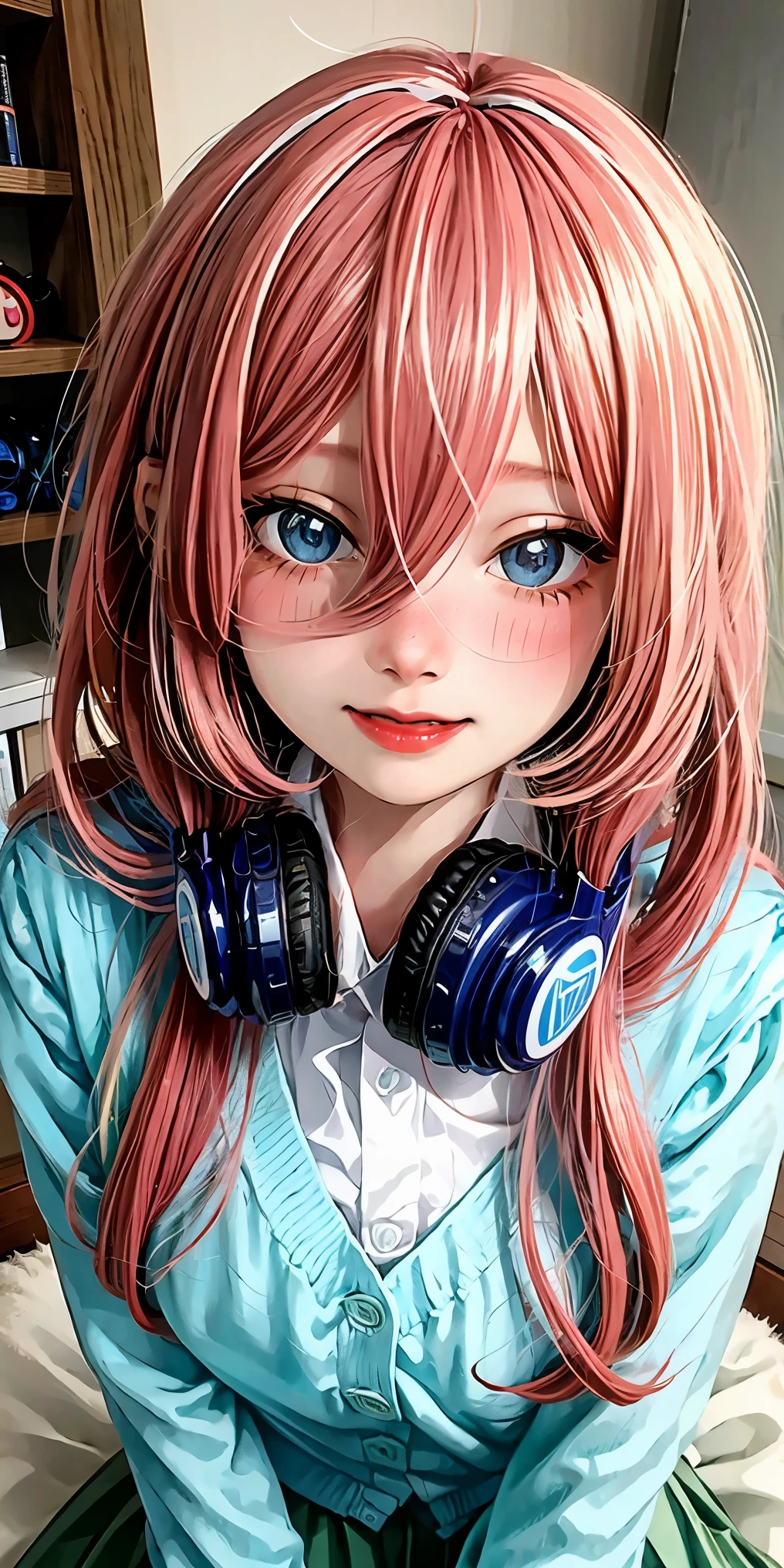 best quality, ultra high res, (photorealistic:1.4), blue eyes, looking at viewer, blush, red lips, full bust shot, eenage girl with pink red hair, one long strand of hair falling across her face, long strand of hair covering her nose, headphones down, hair in her headphones, skinny, asian facial traits, aamiku, Nakano Miku from The Quintessential Quintuplets, real life Miku Nakano, cowboy shot, straight hair, dark blue eyes, sparkling eyes, blue headphones around neck, light blue sweater, collared white shirt, green pleated skirt, school uniform, shy smile, blushing