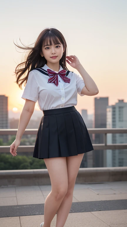 Japanese 18 year old high school girl、Black sailor suit mini skirt、The setting sun is hitting me from behind.、whole body、