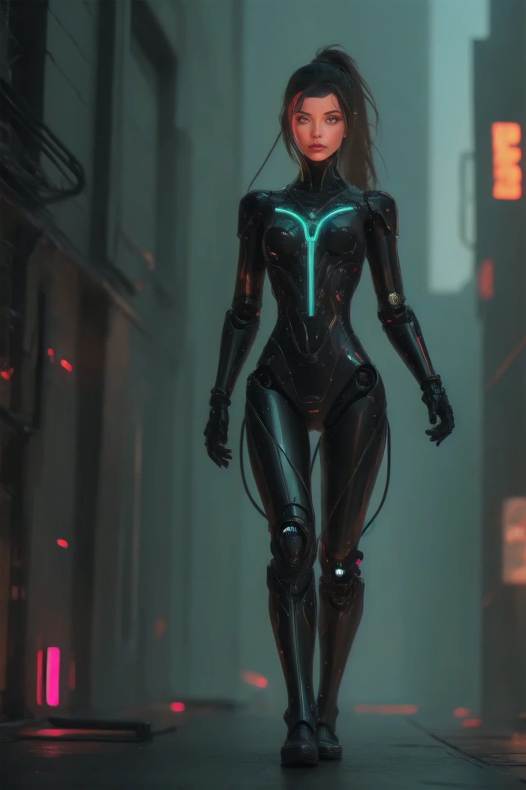 full body, Wide shot, Very realistic and detailed robot woman with metal parts, with terminal cables circuits:1.5, Beautiful intricate cyber woman with circuits and terminals all over her body., futuristic neon lights, luces led, hyper detailed, 8K, The best quality, photorealistic, masterpiece, cinematic lighting, volumetric fog, brilliant cybernetic enhancements, advanced technology, Dystopian futurist, dramatic and melancholic lighting., neon city background, , hyper detailed circuits, dynamic camera angle