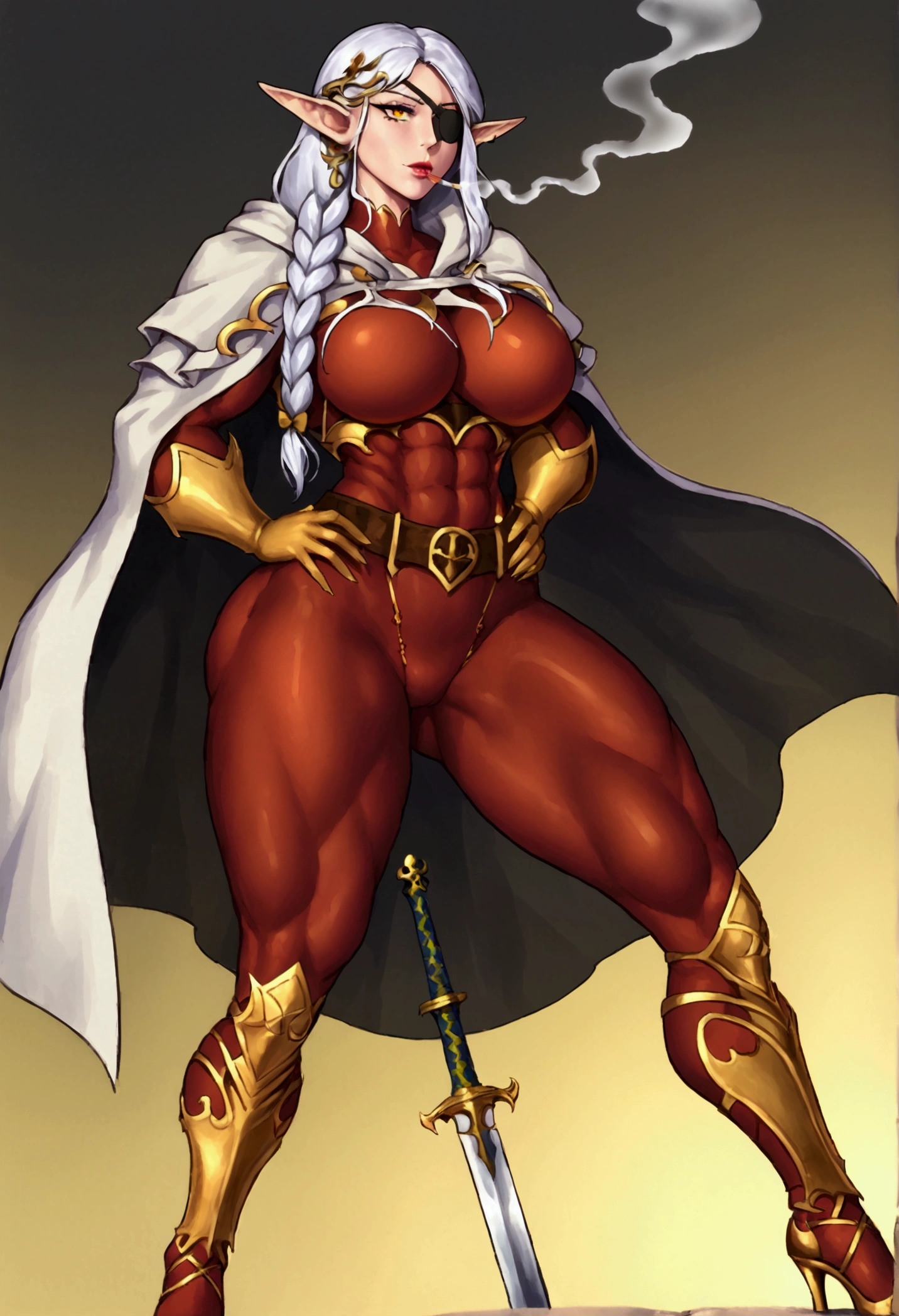 tall woman , black skin color , black high elf , pointy ears , long white hair , braided haircut , fringes , hair ornament  , elf warrior , proportional body , perfect,  athletic  , Muscles,  defined , big thighs , wearing armor,  red tight on the body with yellow details , wearing a white hooded cloak, golden heels , gloves with claws , lipstick , thick lips , golden eyes , detailed eyelashes , Mature woman , wearing a pirate eye patch on his left eye  , big breasts , imposing woman,  in a magical headquarters , being admired by her elf subordinates , hands on waist , smoking a cigarette , sword in the sheath at his waist , detalhe intrincado  perfects corpo todo    atraente obra de arte 