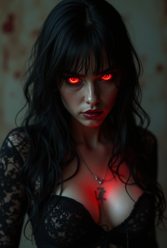 (best quality ,4k, 8k, HD render, masterpiece:1.2), ultra-detailed, (realistic, photorealistic, photo-realistic:1.37), female with glowing red eyes, shiny black colored hair, fashion photography, full body portrait, haunted house, illustration, oppressive atmosphere, vibrant dark colors, soft lighting, concept art, knife, detailed face nude, porn, sex, erotic