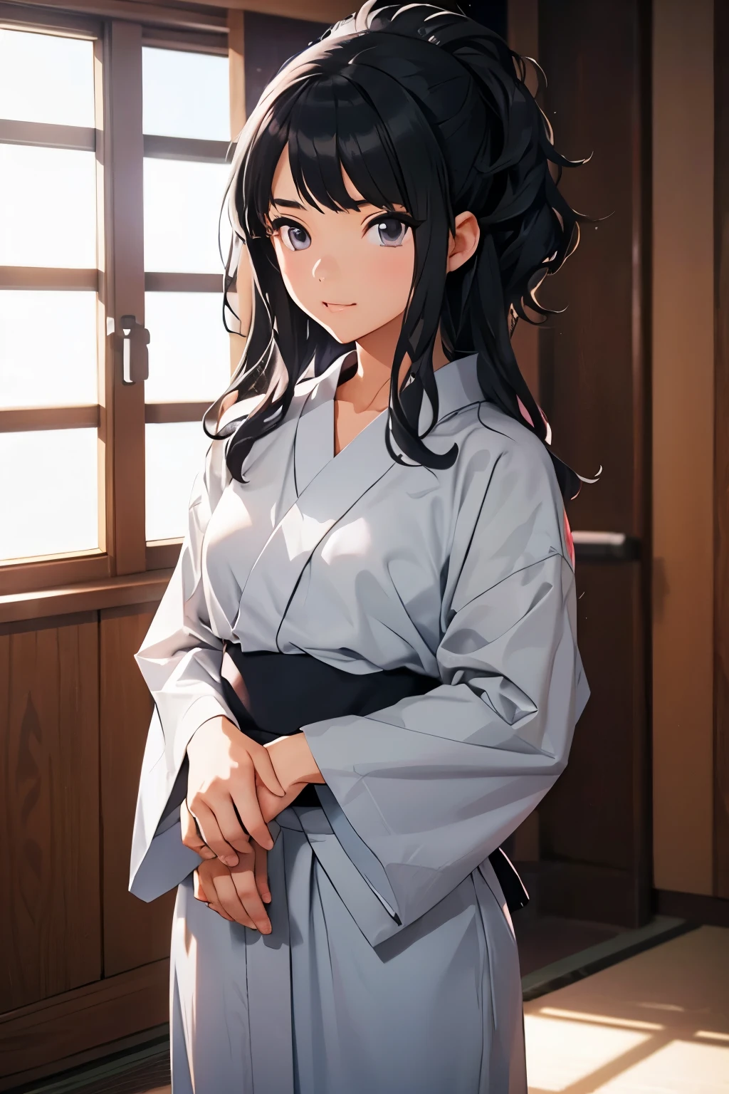 hiori kazano wearing an gray yukata, cerulean big hair with bangs, confident, sweet, kunoichi, anime-style