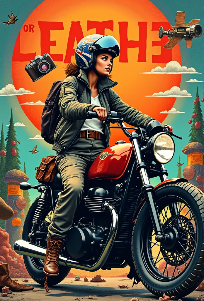 The pop art style is characterized by bold, vibrant colors and patterns, featuring a beautiful woman wearing a flight jacket, cargo pants, boots, helmet and gloves, riding an American cruiser bike, with a camera, sewing machine, fishing tackle, camping equipment, dress-up dolls, motorcycle helmets, leather goods and mechanical tools scattered randomly, against a striking background, a composition reminiscent of a bottle poster, and a psychedelic look. Above her head is written in capital letters "OR LEATHER".