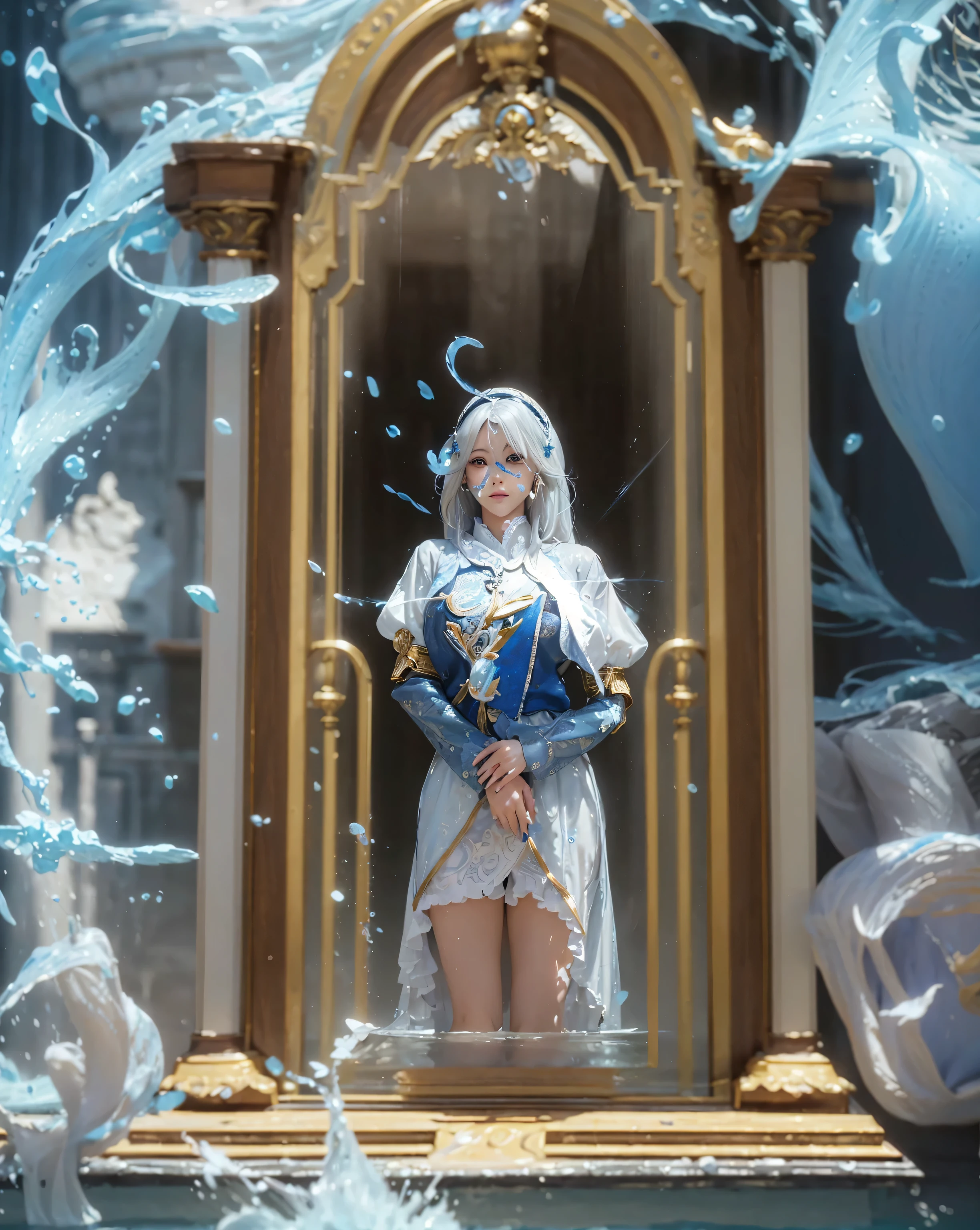 ( FOCALORS _GENSHIN IMPACT),((realistic, photorealistic)),(highlight hair)), Light reflection, (( HD )),((upper body)), (((best quality, masterpiece))), (masterpiece) (best quality) (detail) (8k) (HDR) (wallpaper) (cinematic lighting) (sharp focuasterpiece, best quality: 1.1), Real life adaption of this character, realistic outfit, realistic shadow, realistic light, realism, hyper realistic, realistic background,realistic hair,(photorealistic:1.2), (masterpiece: 1.2), (best quality: 1.3), (clear details: 1.3), ((((ultra-detailed)))), ((detailed eyes)), (extremely detailed face:1.4), (highly detailed eyelash:1.6), Ada_re4, (sitting),(beautiful face:1.5), (Masterpiece, Top Quality: 1.2), masterpiece, best quality, highrens, 4k resolution, minimalism, 1 girl,solo, , Furina, blue style, nature, cute eyes, ornament hair, white hair, blue dress, hat, blushing, hands up, Water reflection, spotlight, water element stick, floating water, splash water, glow effect,Head position looking up,Fountain courtroom background, underwater palace background, large mirror in the middle, inside the mirror,Cracked mirror