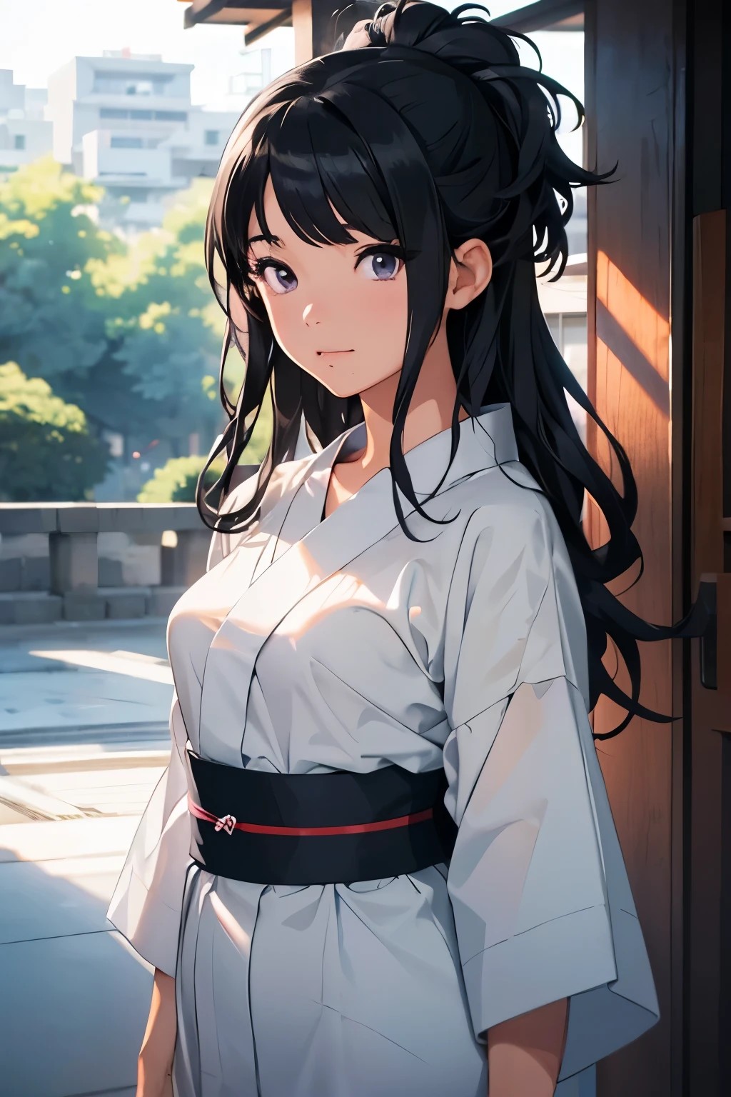 anb beautiful image of hiori kazano wearing an gray yukata, cerulean big hair with bangs, confident, sweet, kunoichi, anime-style, hiperdetalhado,traços maduros, ((byakugan in her eyes)) clean lines,crisp details,high resolution_in manwha style_