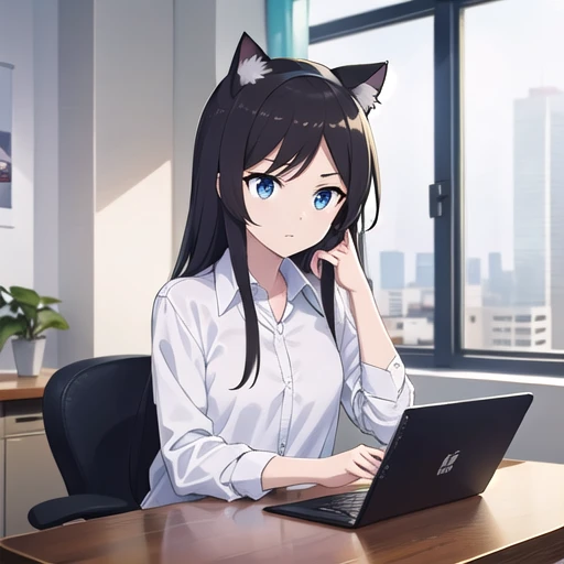 Dark Eyes，Dark hair，Cat ears，shirt，Take the tablet，Sitting in an office chair，Good lighting，Gentle expression