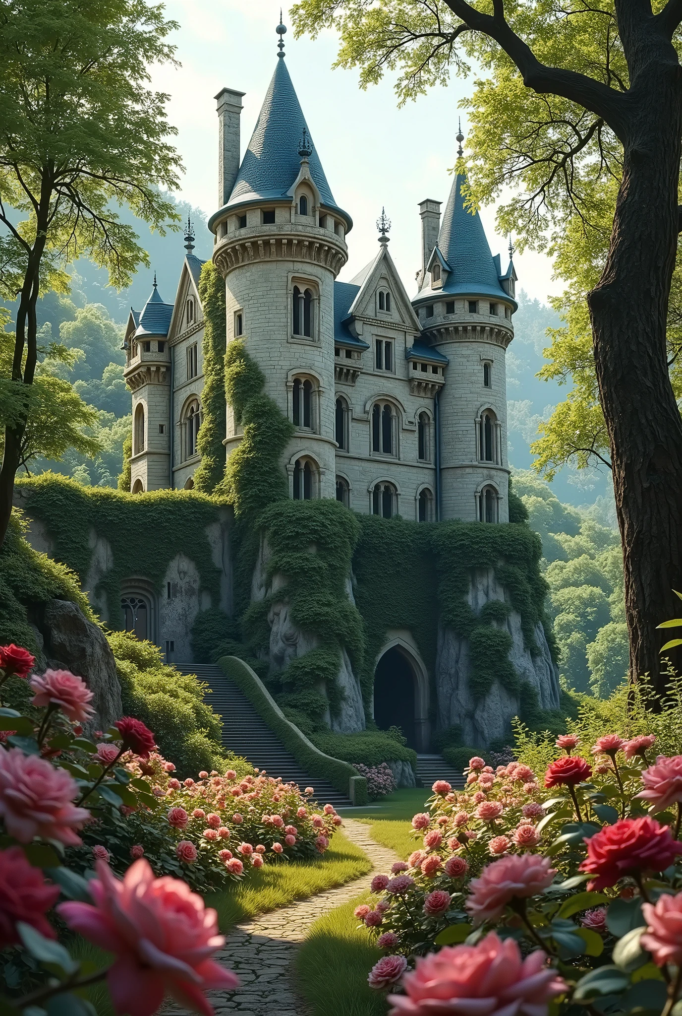 There is a castle with a tower and a pathway in the middle of it ...