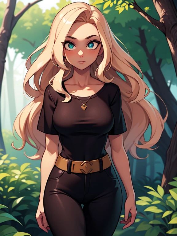 (masterpiece:1.2), best quality, high resolution, unity 8k wallpaper, (illustration:0.8), (beautiful detailed eyes:1.6), extremely detailed face, perfect lighting, extremely detailed CG, (perfect hands, perfect anatomy), A beautiful 36yo woman with blonde wavy hair and green eyes. She's approximately 5'1" tall. ((slim, petite)), medium breasts. She has tan olive skin. She's wearing a loose t-shirt and shiny black leggings showing slim hips, walking in a forest
