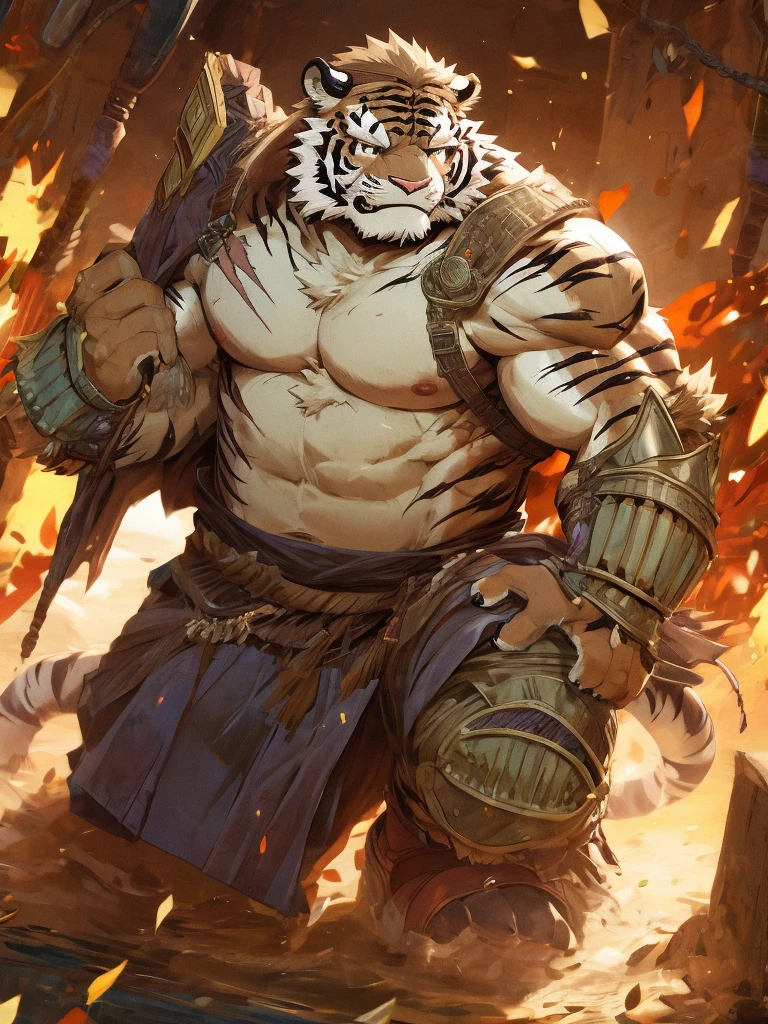 (8k, RAW photo, top quality, masterpiece: 1.2), super detailed, official art, photorealistic: 1.37, full body shot, face tiger, warrior, giant axe, strong muscle, action pose