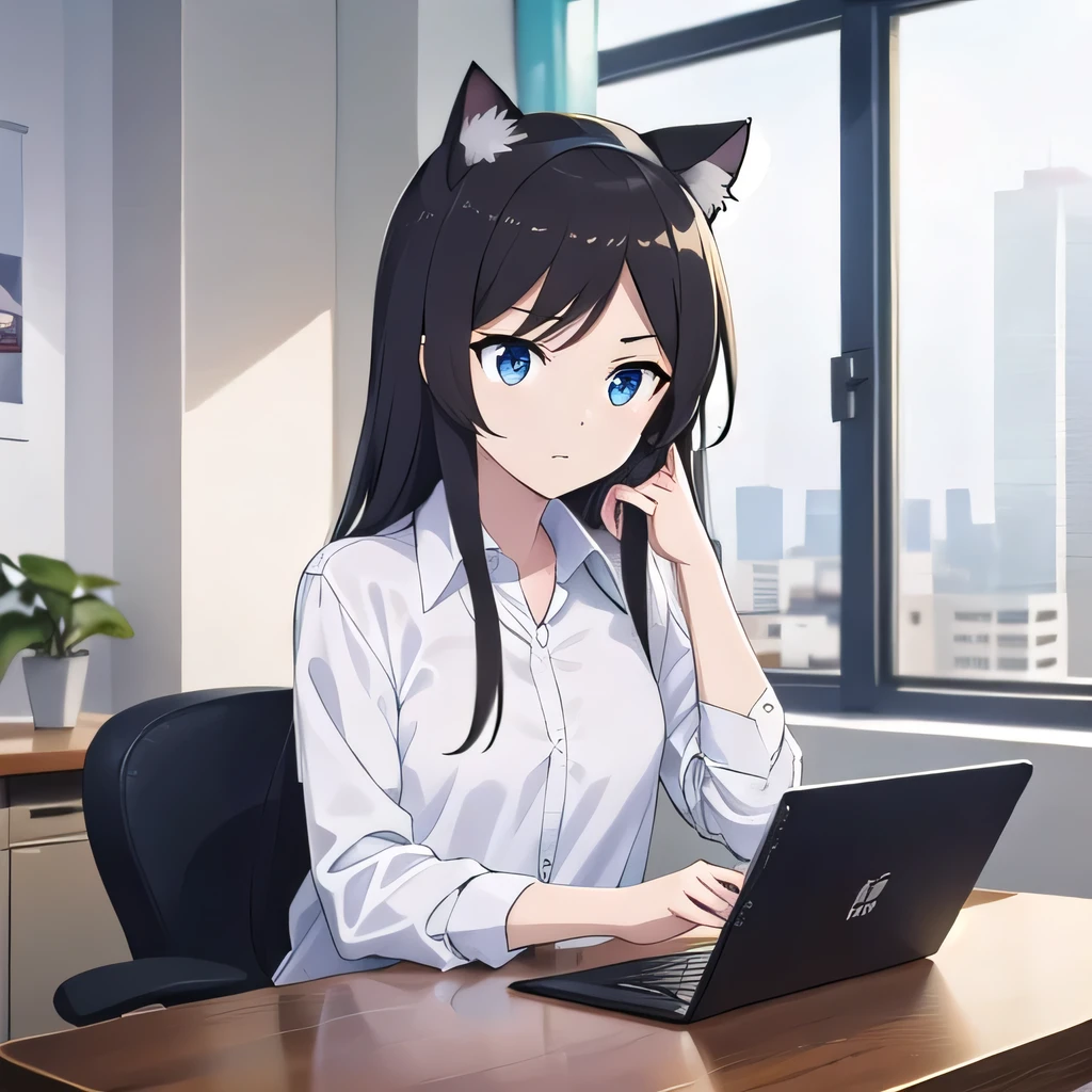 Dark Eyes，Dark hair，Cat ears，shirt，Take the tablet，Sitting in an office chair，Good lighting，Gentle expression