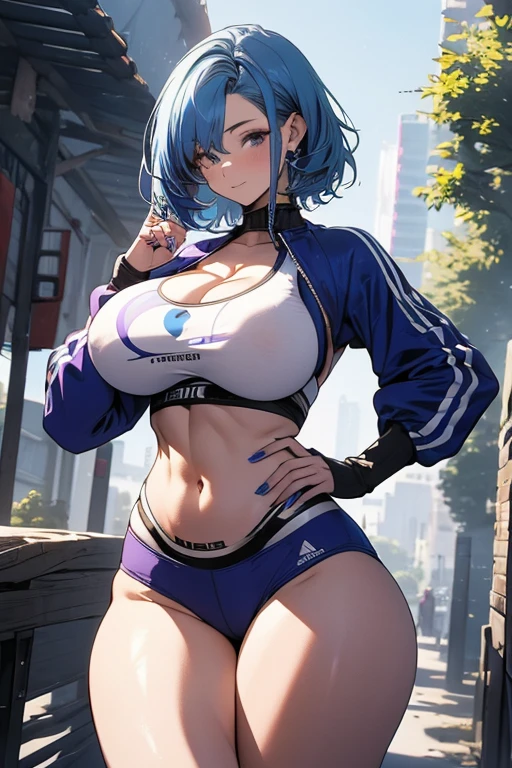 4k, masterpiece, high resolution, 3D art style, 1girl, mature, (short highlight blue hair), slender hips, thick thighs, huge breast, huge round ass, fitness body, outdoor  , SoloHigh Details, Super Detailed, Textured Skin, Super Detailed, High Quality, purple sportswear, jogging 