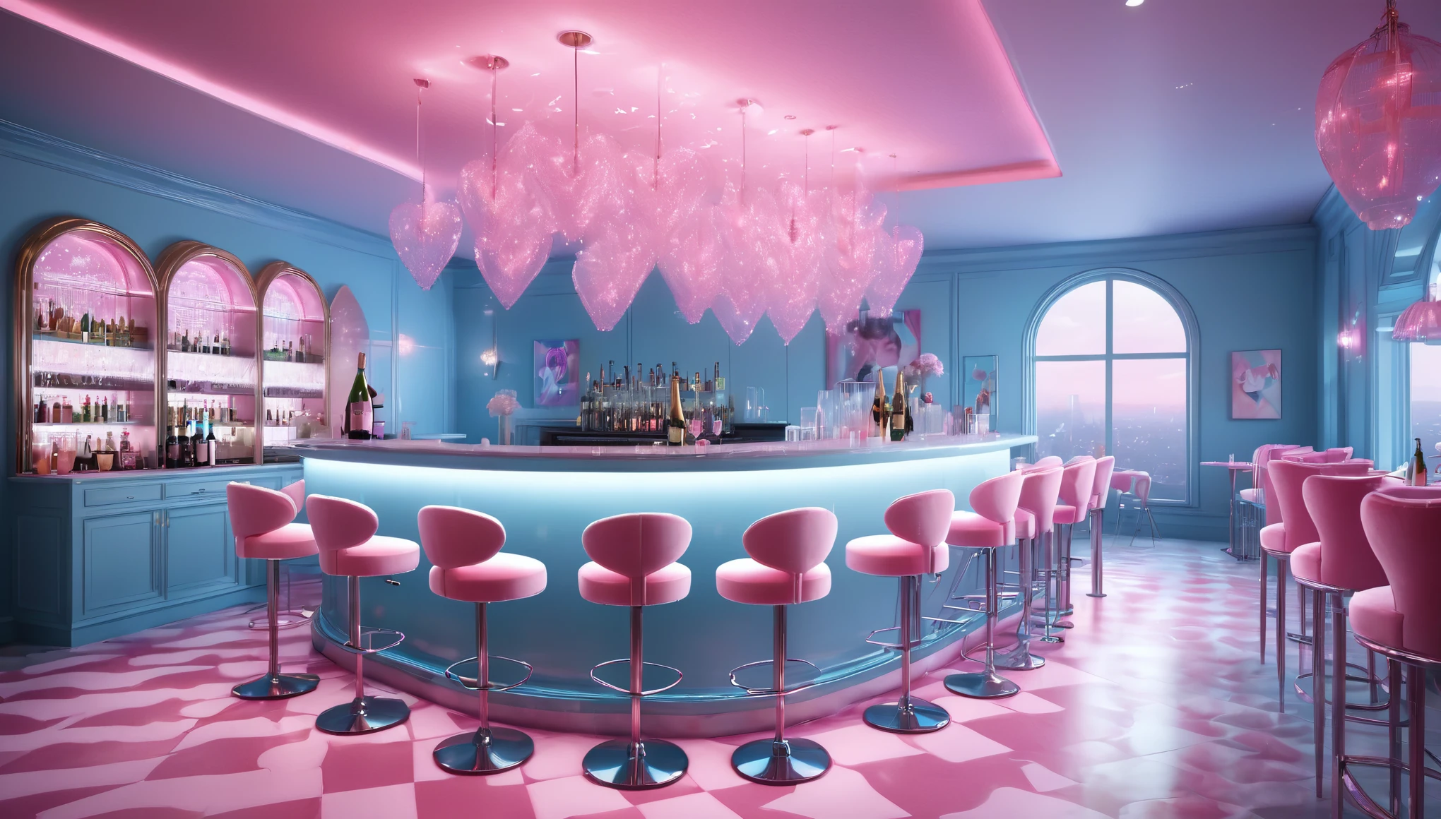 ((Nightclub)), ((Luxury)), ((no windows)), ((Fairytale room)),
(Pastel blue wall, Pastel pink argyle floor, Soft pink lighting,)
A bar counter with several pink velvet chairs,
Champagne glasses on the table, Pink heart neon art on the wall, Pink Cupid neon art on the wall,
sparkling atmosphere,
archviz, heaven lighting,
(cinematic render unreal engine, unreal engine rendered, rendered image, well - lit, upscale)