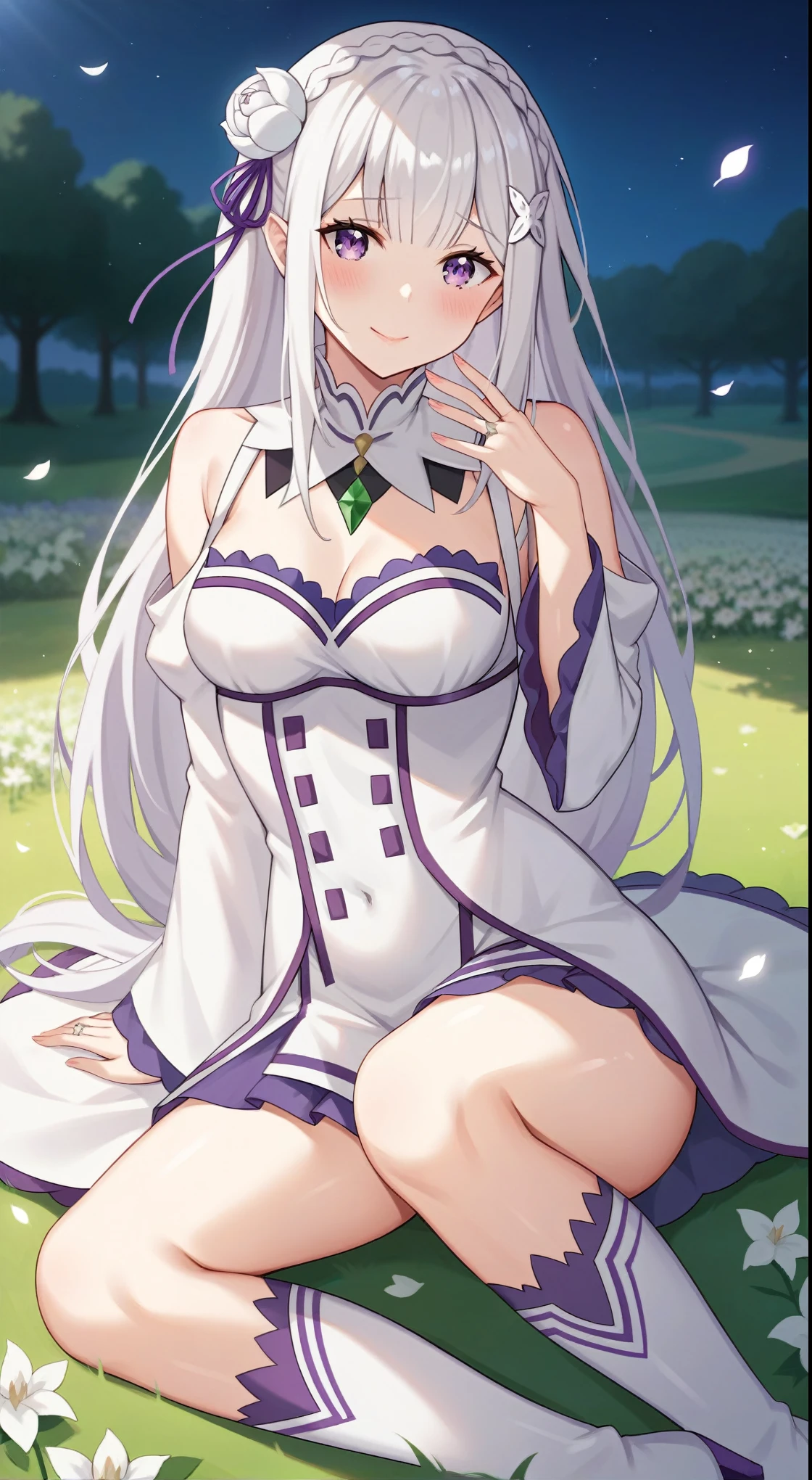 Adult, female, mature, very shy and blushing, Emilia from Re Zero, beautiful white hair, white flower in her hair, big purple eyes, hair accessories, voluminous bangs, bangs, long hair with bangs, hair in the eyes, perfect purple eyes, perfect blue irises, voluptuous bbreassmall breasts, plump lips, slender figure, white dresses with purple tint, blouse and skirt, long sleeves, long white boots, cosplay of Emilia from Re Zero, ring, sensual pose, sitting in flower field, big tree, lush nature, fantasy world, techno, at night, in cyber decor, sexy woman, very flushed, shy face with a beautiful smile, seductive, close up, (Masterpiece, Anatomically Correct, Accurate, Best Quality, Detail, High Details, Quality, Super Detailed, High Quality, Skin Detail, Amazing Skin Detail), (SuperQuality:1.0) ~ (SuperQuality:1.2)