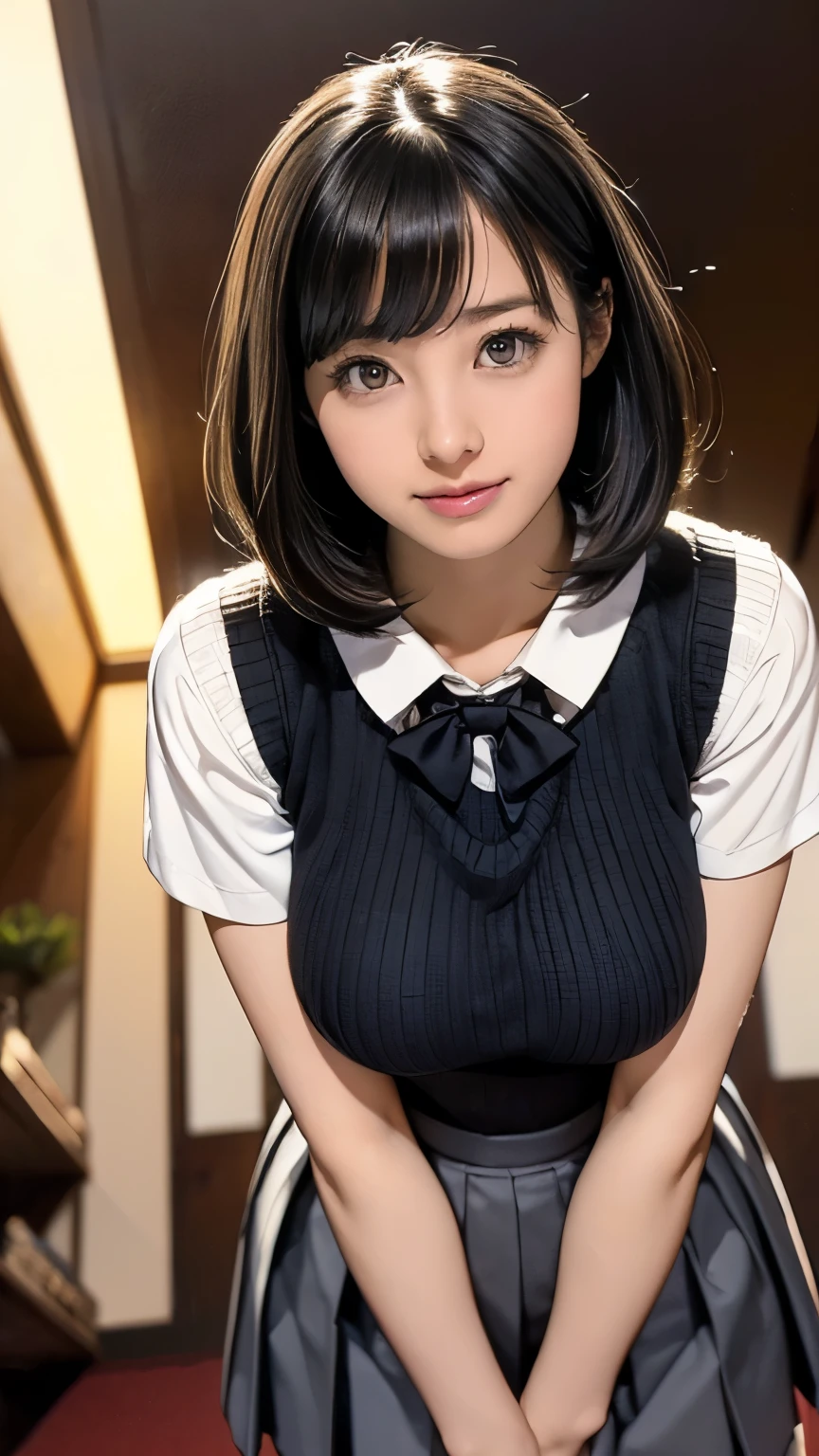 young cute gravure idol, masterpiece, top quality, high resolution, (big), indoor, (black hair, short bob), (ribbon, sleeveless, mini skirt, high school uniform: 1.2), lust, bed, heavy breathing, sexual expression, legs wide open, kneeling, intense movement, sweat