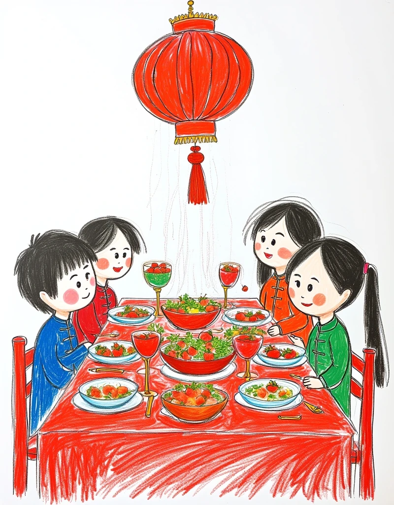 Spring Festival，New Year&#39;s Eve Dinner，5 children eating，table，childrens simple drawings, simple graffiti, poor painting skills, crayon drawings, fairy tales style, pure white background