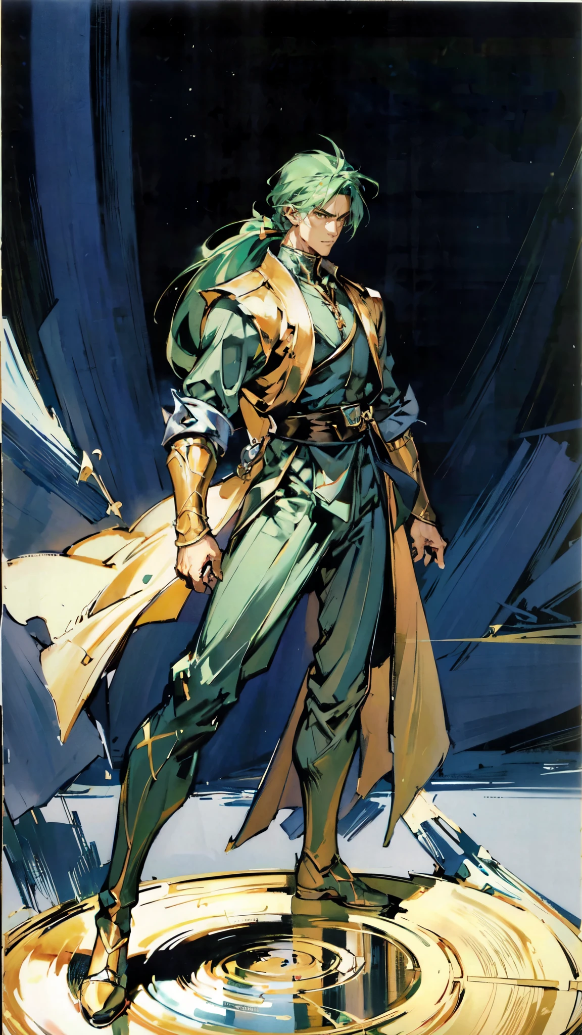 (masterpiece:1.2, best quality:1.2, extremely delicate:1.2), ((male:1.5)), a young man with long, flowing emerald-green hair tied in a ponytail, parted bangs, wearing a headband, a handsome face, sharp eyes, a serious expression, slender and tall build, a yellow and blue leather armor long coat in a fantasy martial arts style, a large triangular-decorated belt, flowing long hem, matching trousers, shin guards, battle boots, striking a combat pose against an army, this character embodies a finely crafted fantasy martial arts style spear fighter in anime style, exquisite and mature manga art style, dramatic, high definition, highres, ultra-detailed, ultra-fine painting, professional, perfect body proportions, golden ratio, anatomically correct, symmetrical face, extremely detailed eyes and face, high quality eyes, creativity, RAW photo, UHD, 32k, Natural light, cinematic lighting, (masterpiece-anatomy-perfect:1.2)