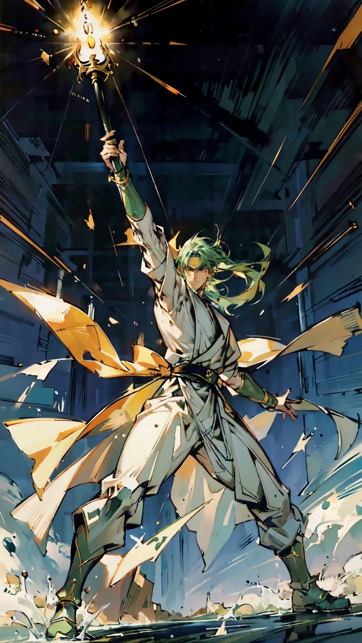 (masterpiece:1.2, best quality:1.2, extremely delicate:1.2), ((male:1.5)), a young man with long, flowing emerald-green hair tied in a ponytail, parted bangs, wearing a headband, a handsome face, sharp eyes, a serious expression, slender and tall build, a yellow and blue leather armor long coat in a fantasy martial arts style, a large triangular-decorated belt, flowing long hem, matching trousers, shin guards, battle boots, striking a combat pose against an army, this character embodies a finely crafted fantasy martial arts style spear fighter in anime style, exquisite and mature manga art style, dramatic, high definition, highres, ultra-detailed, ultra-fine painting, professional, perfect body proportions, golden ratio, anatomically correct, symmetrical face, extremely detailed eyes and face, high quality eyes, creativity, RAW photo, UHD, 32k, Natural light, cinematic lighting, (masterpiece-anatomy-perfect:1.2)