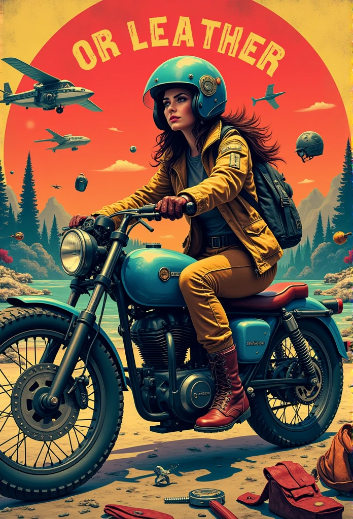 The pop art style is characterized by bold, vibrant colors and patterns, featuring a beautiful woman wearing a flight jacket, cargo pants, boots, helmet and gloves, riding an American cruiser bike, with a camera, sewing machine, fishing tackle, camping equipment, dress-up dolls, motorcycle helmets, leather goods and mechanical tools scattered randomly, against a striking background, a composition reminiscent of a bottle poster, and a psychedelic look. Above her head is written in capital letters "OR LEATHER".