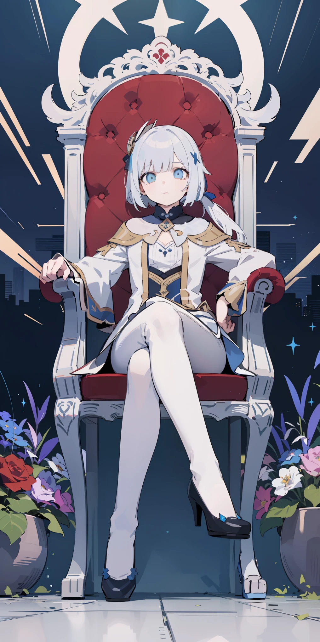 White hair, short bob hair, pinched eyes, thin legs, thin body, leather collar, maid outfit victorian, full body, hands on hips, wide hips, view from below, (masterpiece, top quality, best quality, official art, beautiful and aesthetic:1.2),(8k, best quality, masterpiece:1.2), (((masterpiece))),(((best quality))),(((extremely detailed))),illustration,who, (masterpiece, top quality, best quality, official art, beautiful and aesthetic:1.2),(8k, best quality, masterpiece:1.2), 1girl, arlecchino \(genshin impact\), (x-shaped eyes, symbol shaped eyes, cross eyes), (masterpiece), best quality, (masterpiece, top quality, best quality, official art, beautiful and aesthetic:1.2), extremely detailed, highest detailed, arlecchino_\(genshin_impact\) 1girl, 1girl, solo, mature female, sitting, crossed legs, pants, juliet sleeves, head rest, elbow rest, expressionless, bored, squinting, sitting on throne, crossed legs, high heels,black roses, red roses abstract background, glitch, glitching, static noise, glitching background, loomy,