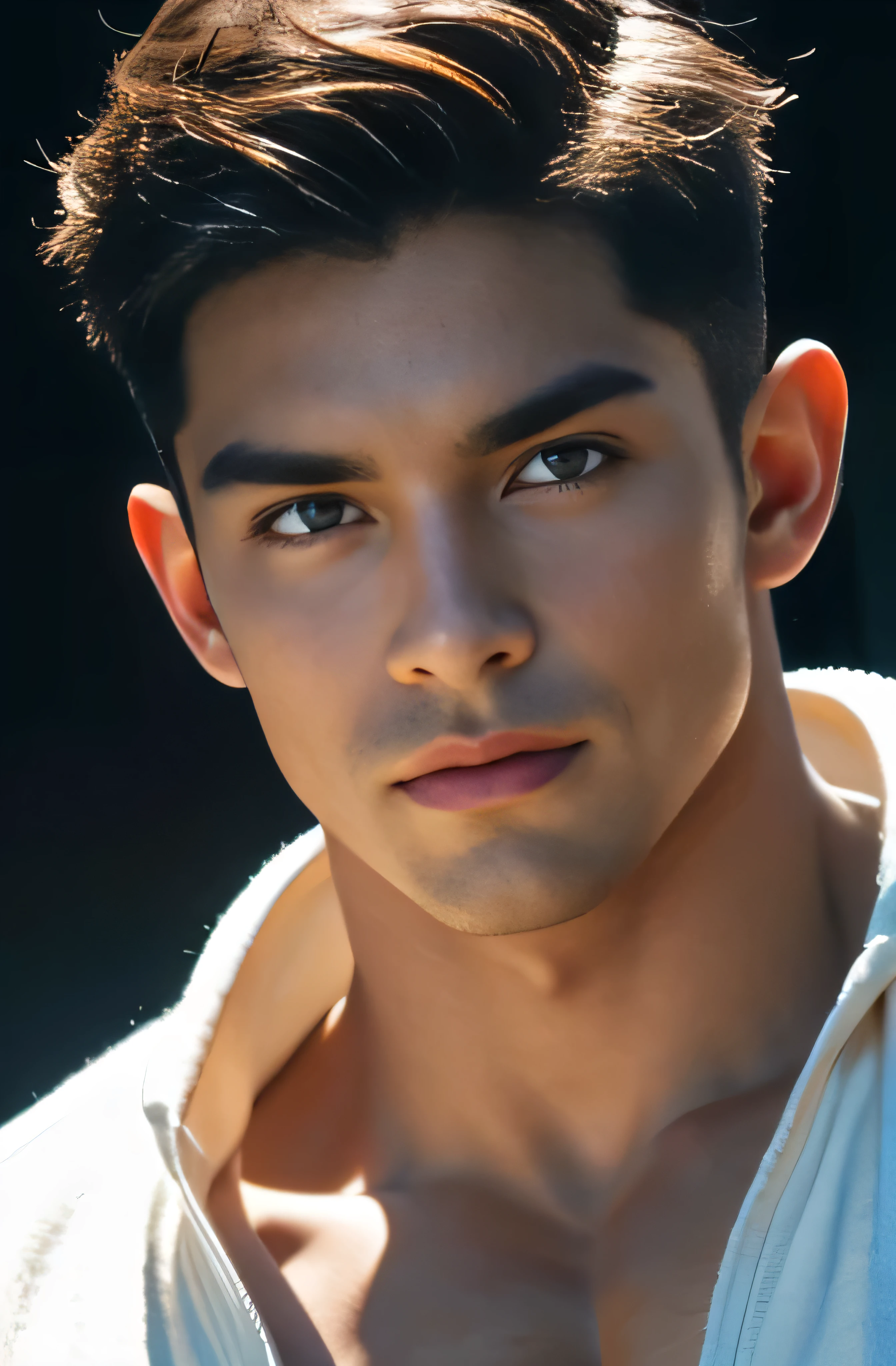 a handsome young man of 22 years old with black hair and black eyes and with muscles