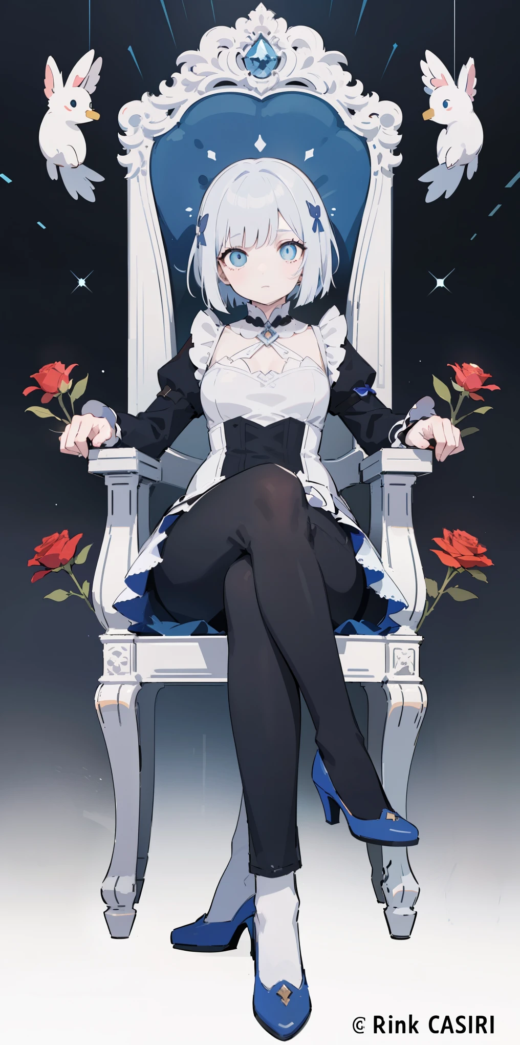 White hair, short bob hair, pinched eyes, thin legs, thin body, leather collar, maid outfit victorian, full body, hands on hips, wide hips, view from below, (masterpiece, top quality, best quality, official art, beautiful and aesthetic:1.2),(8k, best quality, masterpiece:1.2), (((masterpiece))),(((best quality))),(((extremely detailed))),illustration,who, (masterpiece, top quality, best quality, official art, beautiful and aesthetic:1.2),(8k, best quality, masterpiece:1.2), 1girl, arlecchino \(genshin impact\), (x-shaped eyes, symbol shaped eyes, cross eyes), (masterpiece), best quality, (masterpiece, top quality, best quality, official art, beautiful and aesthetic:1.2), extremely detailed, highest detailed, arlecchino_\(genshin_impact\) 1girl, 1girl, solo, mature female, sitting, crossed legs, pants, juliet sleeves, head rest, elbow rest, expressionless, bored, squinting, sitting on throne, crossed legs, high heels,black roses, red roses abstract background, glitch, glitching, static noise, glitching background, loomy,