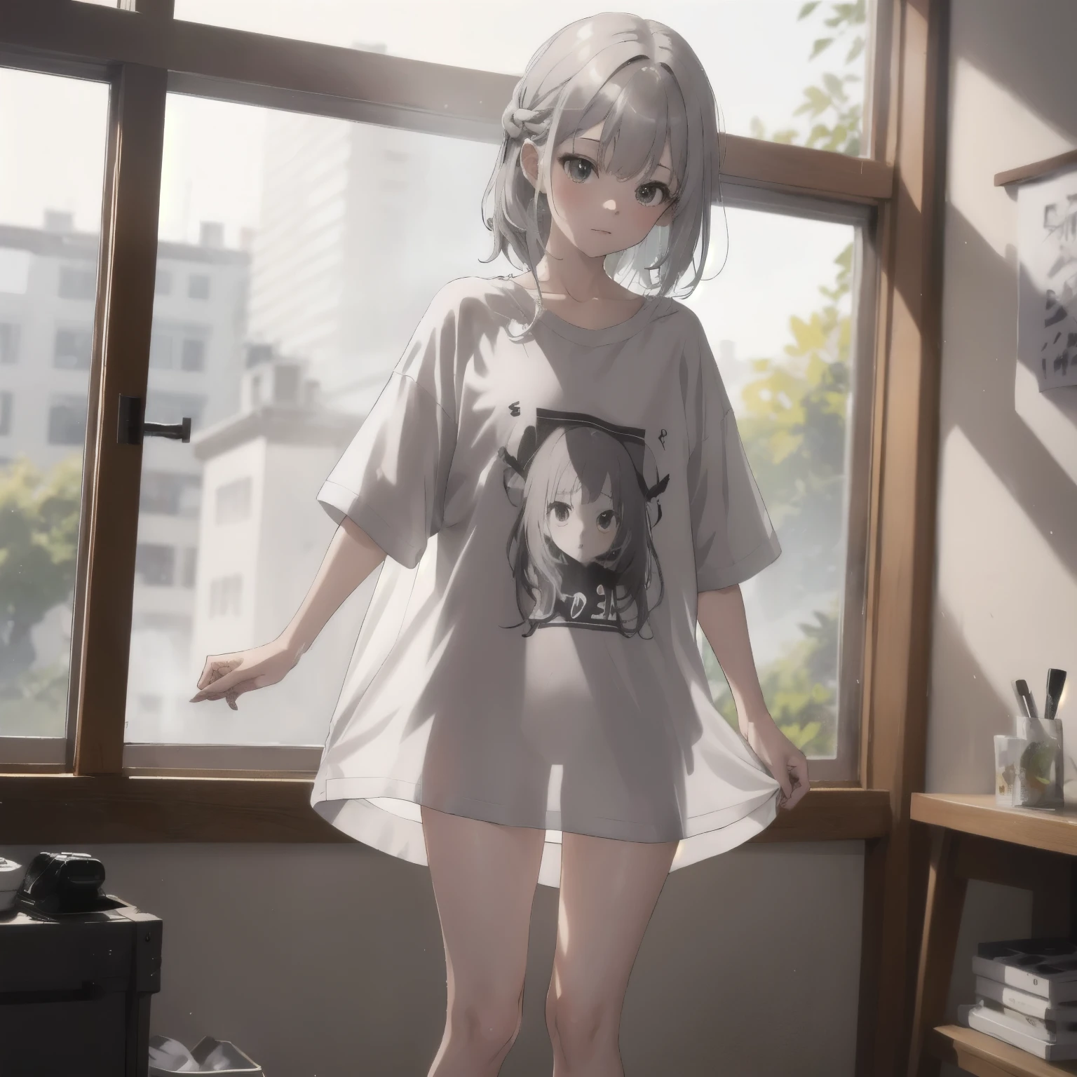 (masterpiece:1.2, best quality), (highly detailed:1.3), oversized shirt, 1girl, solo, see-through silhouette, medium hair, white hair, unkempt hair, braid, shirt, see-through white shirt, bottomless, no bra, thighs, <lora:oversizedShirt_v10:1> <lora:seeThroughSilhouette_v11:1>