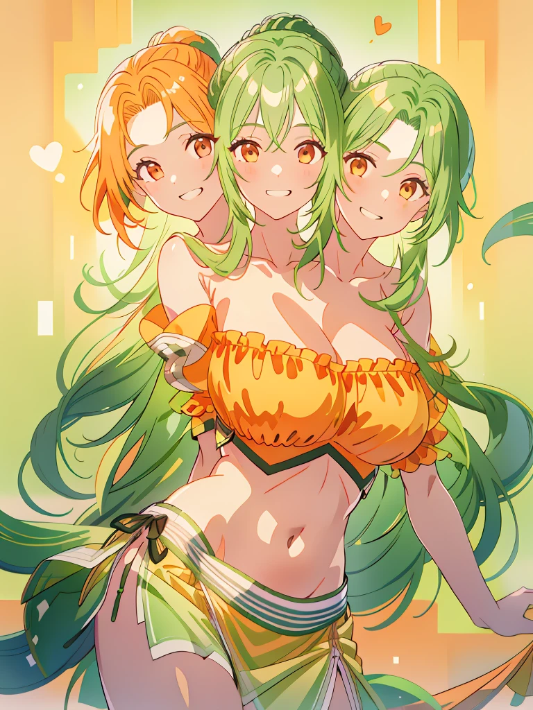 (masterpiece, best quality), best resolution, (3heads:1.5), 1girl, green hair, long flowing hair, smiling, grinning, open belly, white-orange crop top, orange-white miniskirt, open breasts, very huge  breasts, curls, sexy pose, ponytail, 
