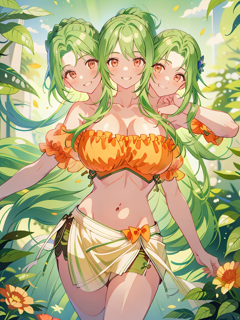 (masterpiece, best quality), best resolution, (3heads:1.5), 1girl, green hair, long flowing hair, smiling, grinning, open belly, white-orange crop top, orange-white miniskirt, open breasts, very huge  breasts, curls, sexy pose, ponytail, 
