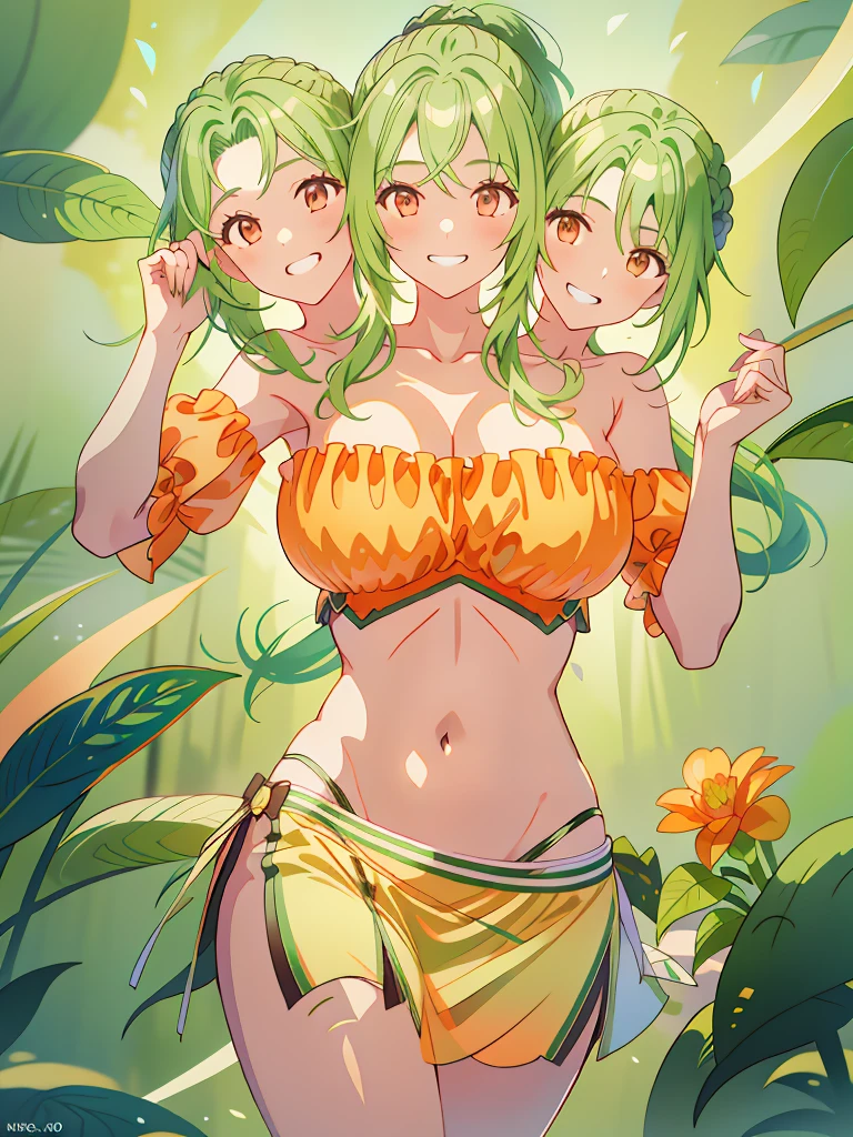 (masterpiece, best quality), best resolution, (3heads:1.5), 1girl, green hair, long flowing hair, smiling, grinning, open belly, white-orange crop top, orange-white miniskirt, open breasts, very huge  breasts, curls, sexy pose, ponytail, 
