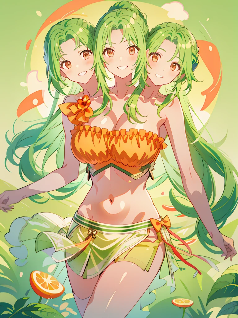 (masterpiece, best quality), best resolution, (3heads:1.5), 1girl, green hair, long flowing hair, smiling, grinning, open belly, white-orange crop top, orange-white miniskirt, open breasts, very huge  breasts, curls, sexy pose, ponytail, 
