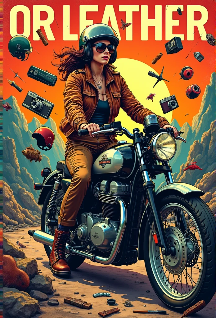 The pop art style is characterized by bold, vibrant colors and patterns, featuring a beautiful woman wearing a flight jacket, cargo pants, boots, helmet and gloves, riding an American cruiser bike, with a camera, sewing machine, fishing tackle, camping equipment, dress-up dolls, motorcycle helmets, leather goods and mechanical tools scattered randomly, against a striking background, a composition reminiscent of a bottle poster, and a psychedelic look. Above her head is written in capital letters "OR LEATHER".