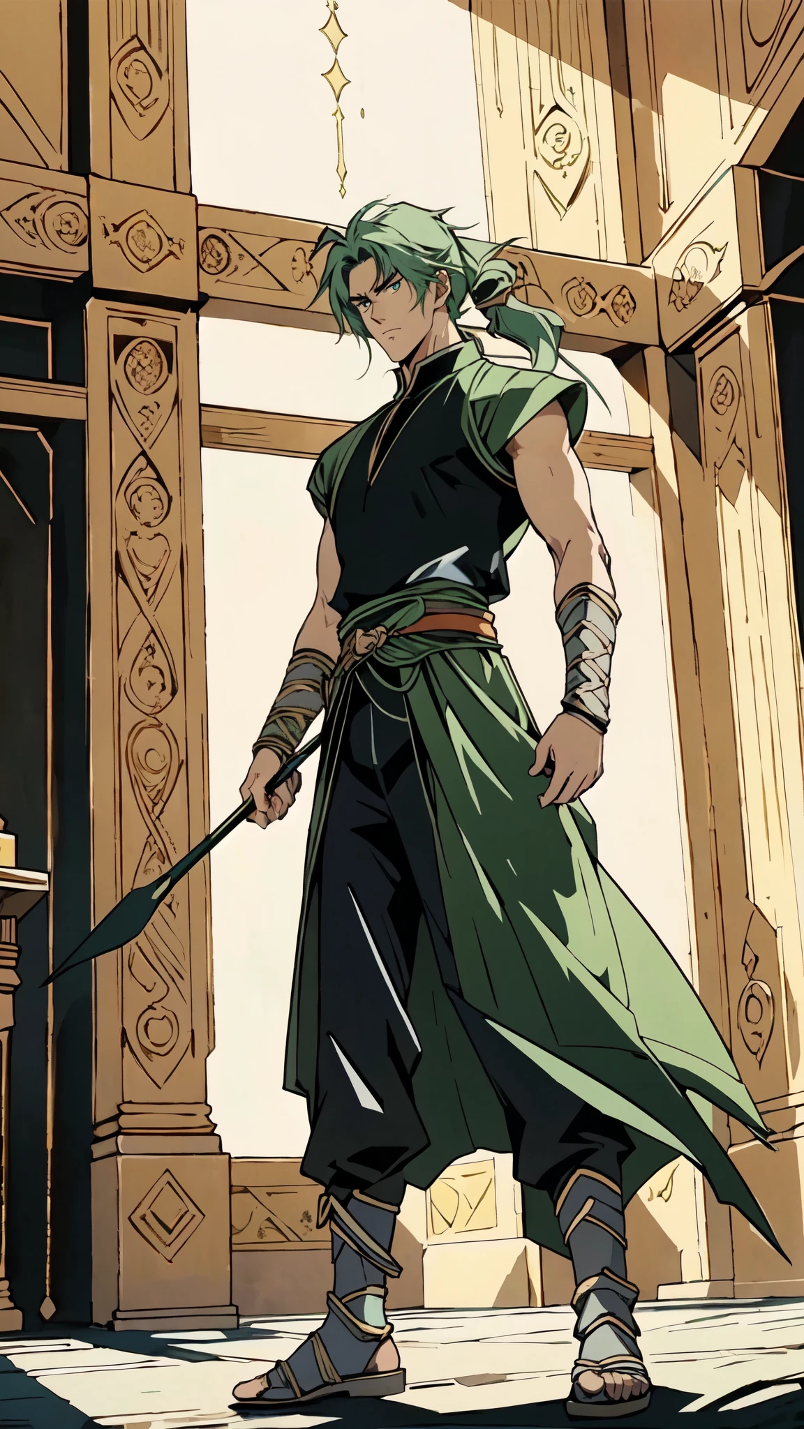 (masterpiece:1.2, best quality:1.2, extremely delicate:1.2), ((male:1.5)), a young man with long, flowing emerald-green hair tied in a ponytail, parted bangs, wearing a headband, a handsome face, sharp eyes, a serious expression, slender and tall build, a yellow and blue leather armor long coat in a fantasy martial arts style, a large triangular-decorated belt, flowing long hem, matching trousers, shin guards, battle boots, striking a combat pose against an army, this character embodies a finely crafted fantasy martial arts style spear fighter in anime style, exquisite and mature manga art style, dramatic, high definition, highres, ultra-detailed, ultra-fine painting, professional, perfect body proportions, golden ratio, anatomically correct, symmetrical face, extremely detailed eyes and face, high quality eyes, creativity, RAW photo, UHD, 32k, Natural light, cinematic lighting, (masterpiece-anatomy-perfect:1.2)