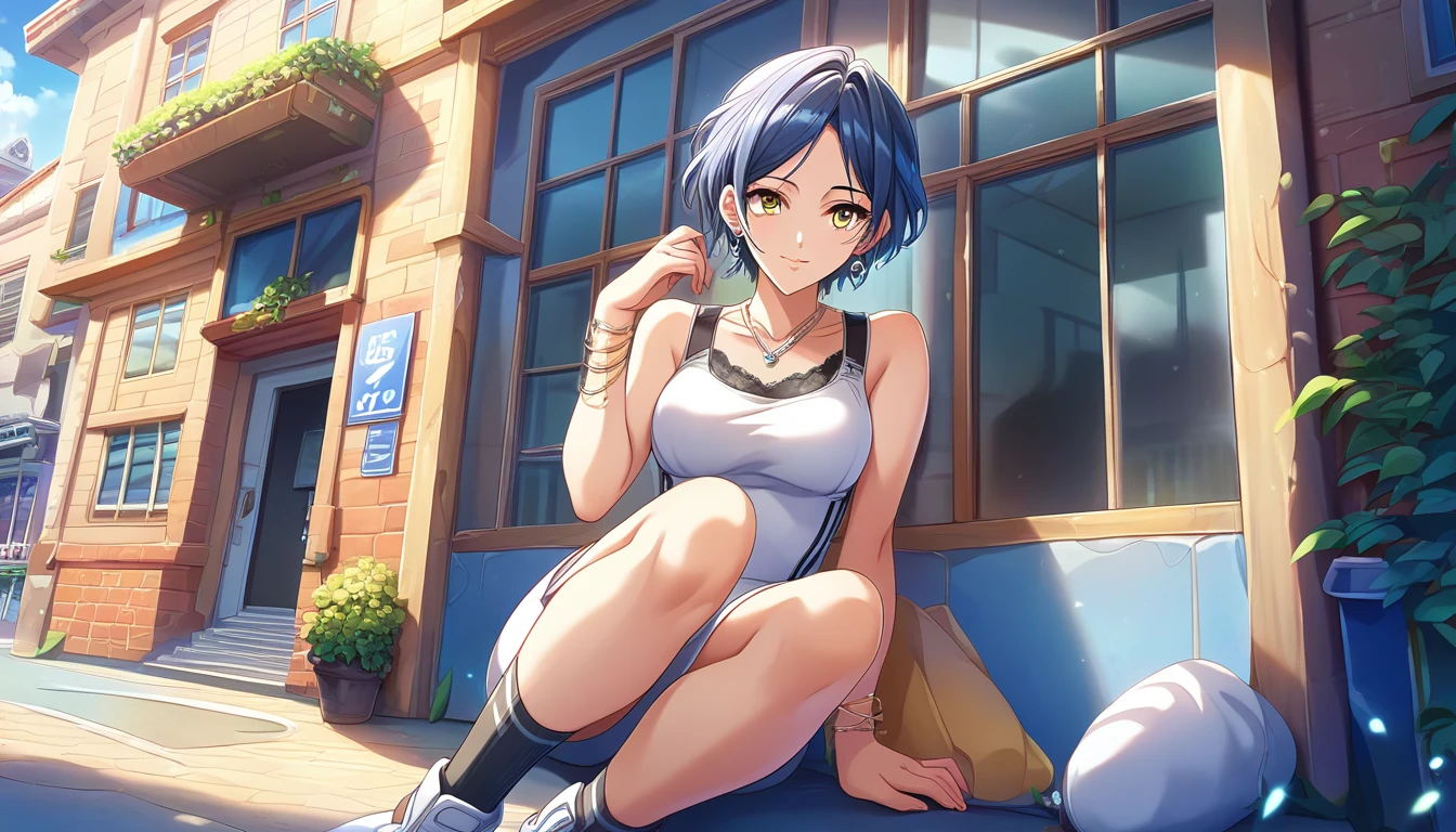 Score_9, Score_8_Excellent, Score_7_Excellent, sauce_anime,
1 person, Beautiful woman, Alone, Fob, day付, View your audience, smile,   Outdoor, street, building, boutique, Display Window, day, blue sky, day光, 
 Hymns, short hair, Blue Hair, Parted bangs, Medium Chest, Yellow Eyes,With legs wide open，Show off your crotch,Black Lingerie Lipstick, Detailed eyes, eyelash, Eyeliner, jewelry, necklace, bracelet, Earrings, 
(Fits your body,White sportswear,Sleeveless), Expose your shoulders, Off the shoulder, Black knee socks, Absolute territory,