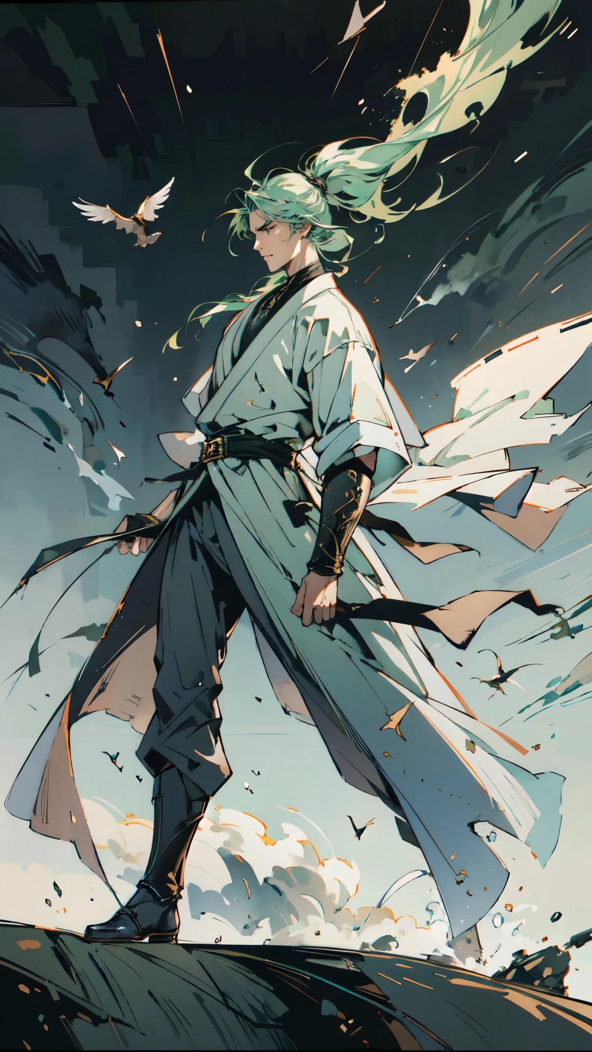 (masterpiece:1.2, best quality:1.2, extremely delicate:1.2), ((male:1.5)), a young man with long, flowing emerald-green hair tied in a ponytail, parted bangs, wearing a headband, a handsome face, sharp eyes, a serious expression, slender and tall build, a yellow and blue leather armor long coat in a fantasy martial arts style, a large triangular-decorated belt, flowing long hem, matching trousers, shin guards, battle boots, striking a combat pose against an army, this character embodies a finely crafted fantasy martial arts style spear fighter in anime style, exquisite and mature manga art style, dramatic, high definition, highres, ultra-detailed, ultra-fine painting, professional, perfect body proportions, golden ratio, anatomically correct, symmetrical face, extremely detailed eyes and face, high quality eyes, creativity, RAW photo, UHD, 32k, Natural light, cinematic lighting, (masterpiece-anatomy-perfect:1.2)