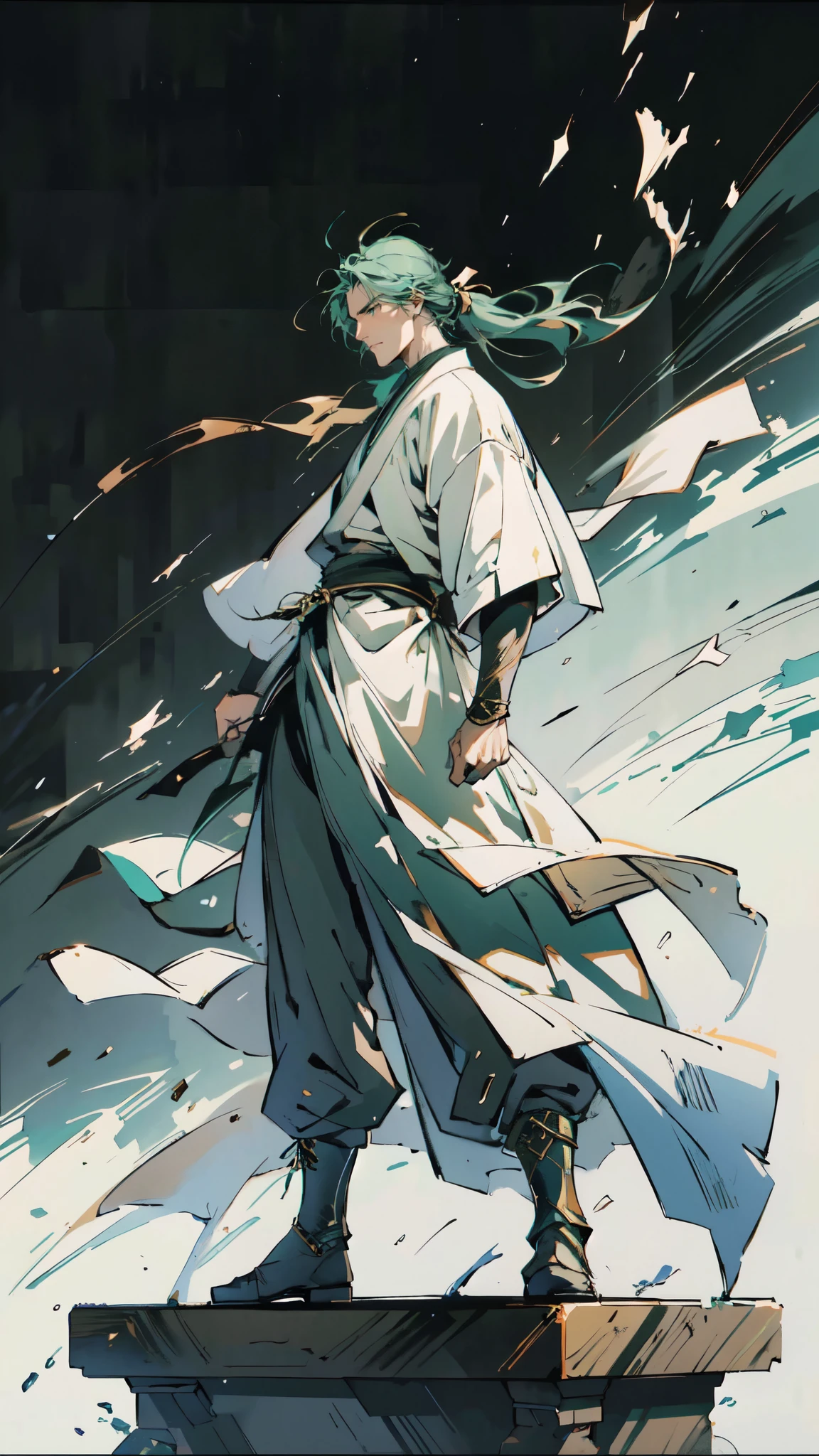 (masterpiece:1.2, best quality:1.2, extremely delicate:1.2), ((male:1.5)), a young man with long, flowing emerald-green hair tied in a ponytail, parted bangs, wearing a headband, a handsome face, sharp eyes, a serious expression, slender and tall build, a yellow and blue leather armor long coat in a fantasy martial arts style, a large triangular-decorated belt, flowing long hem, matching trousers, shin guards, battle boots, striking a combat pose against an army, this character embodies a finely crafted fantasy martial arts style spear fighter in anime style, exquisite and mature manga art style, dramatic, high definition, highres, ultra-detailed, ultra-fine painting, professional, perfect body proportions, golden ratio, anatomically correct, symmetrical face, extremely detailed eyes and face, high quality eyes, creativity, RAW photo, UHD, 32k, Natural light, cinematic lighting, (masterpiece-anatomy-perfect:1.2)