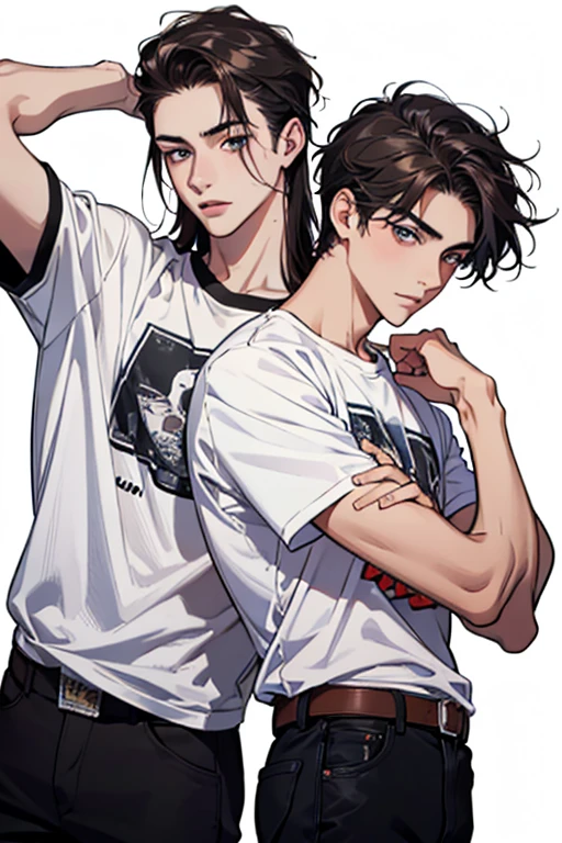 2 Young Men, 16〜20yr old, detailed hairs, 4K, High resolution, Handsome, t-shirts, medium length hair, from below, model posing, cowboy shot, white background,
