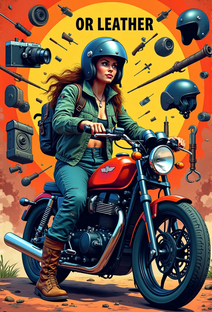 The pop art style is characterized by bold, vibrant colors and patterns, featuring a beautiful woman wearing a flight jacket, cargo pants, boots, helmet and gloves, riding an American cruiser bike, with a camera, sewing machine, fishing tackle, camping equipment, dress-up dolls, motorcycle helmets, leather goods and mechanical tools scattered randomly, against a striking background, a composition reminiscent of a bottle poster, and a psychedelic look. Above her head is written in capital letters "OR LEATHER".