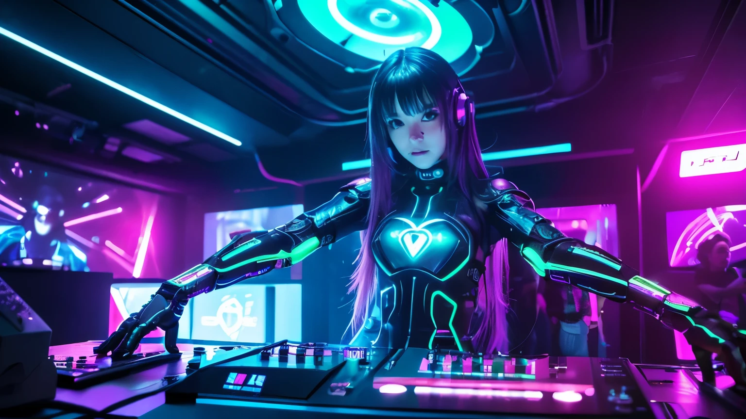 Papel de parede Alien DJ Psy Trance, Cyborg , Stimulus to Art, cores vibrantes, Detailed alien creature, Swirling psychedelic patterns, neon lights, atmosfera estranha, Estilo de Arte Digital, 8K resolution